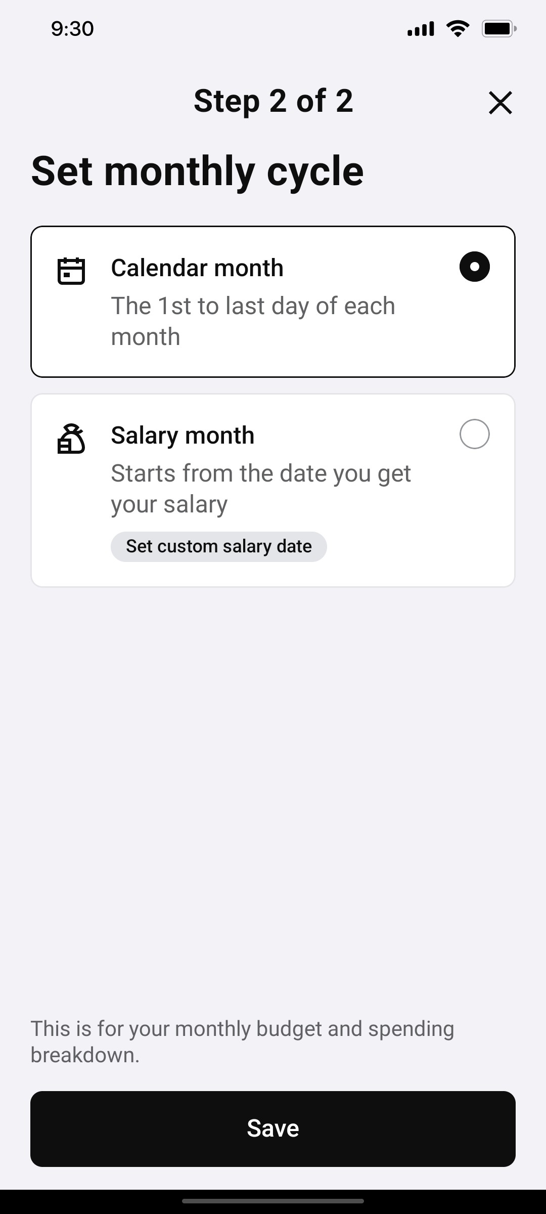 Klarna Set Monthly Cycle Page Screen