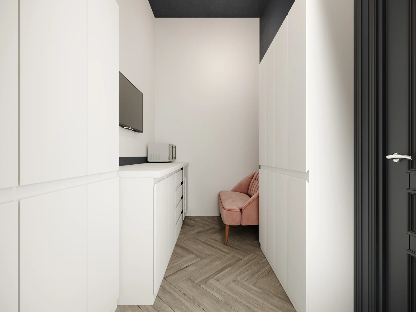 Couloir — voilage en lin filtrant la lumière du jour.