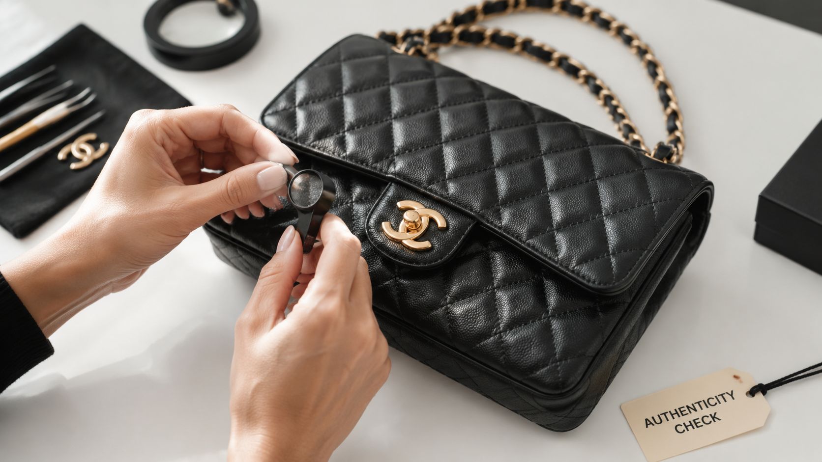 A professional authenticating a luxury black Chanel handbag using a jeweler's loupe for inspection.