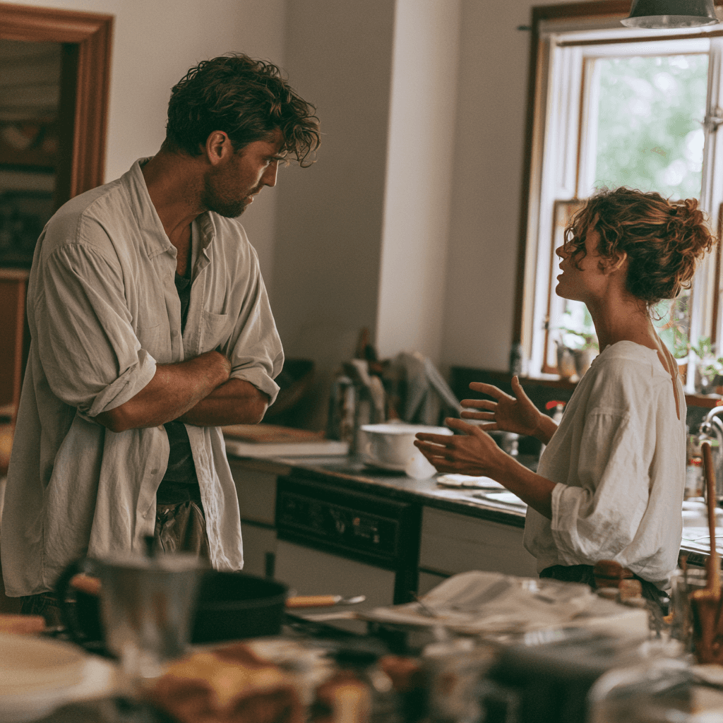 A man going quiet during an argument in a kitchen, looking down while his partner speaks