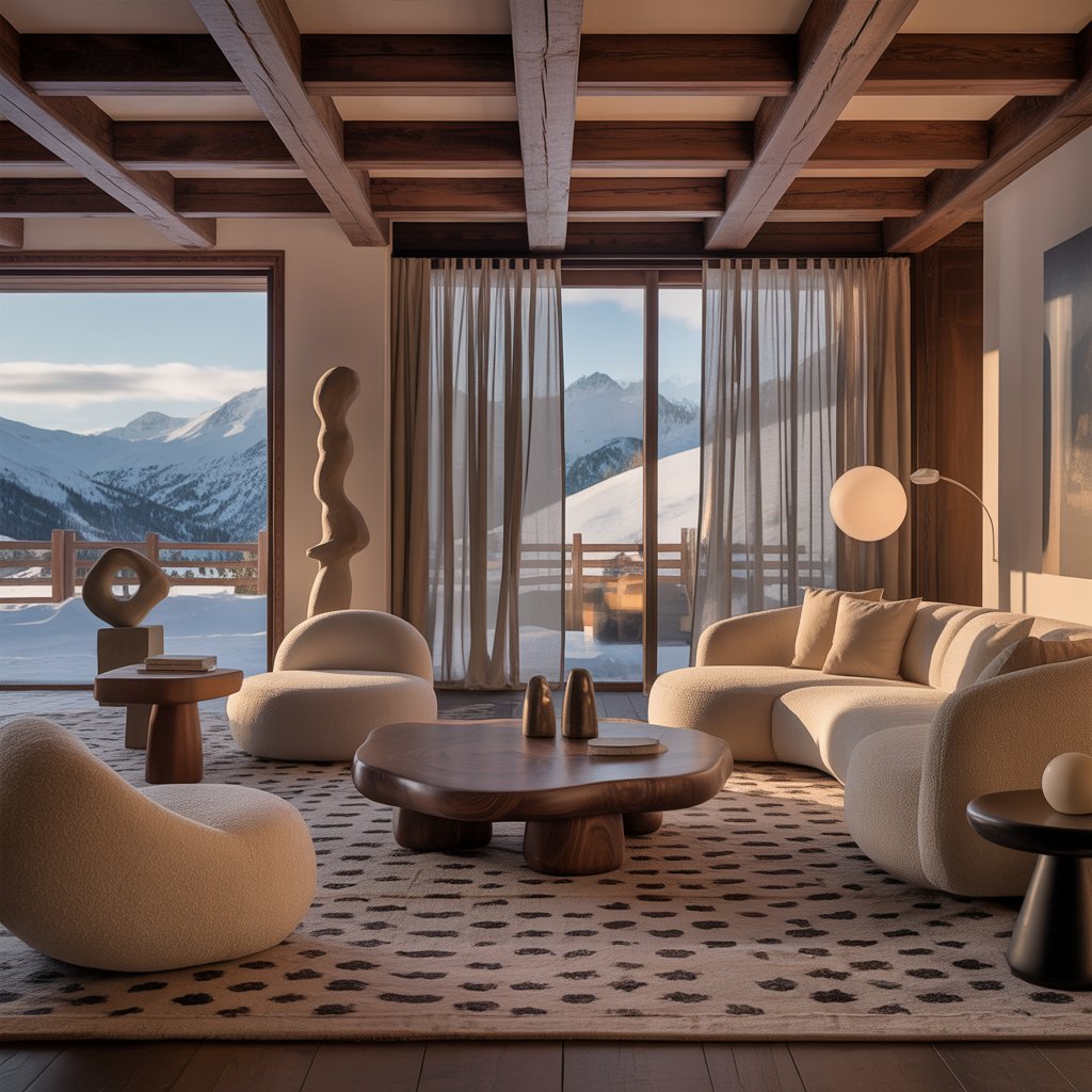 Luxury alpine living room with sculptural cream bouclé seating, organic walnut coffee table, abstract stone sculptures, and floor-to-ceiling windows framing a snow-covered mountain landscape, exposed timber coffered ceiling above