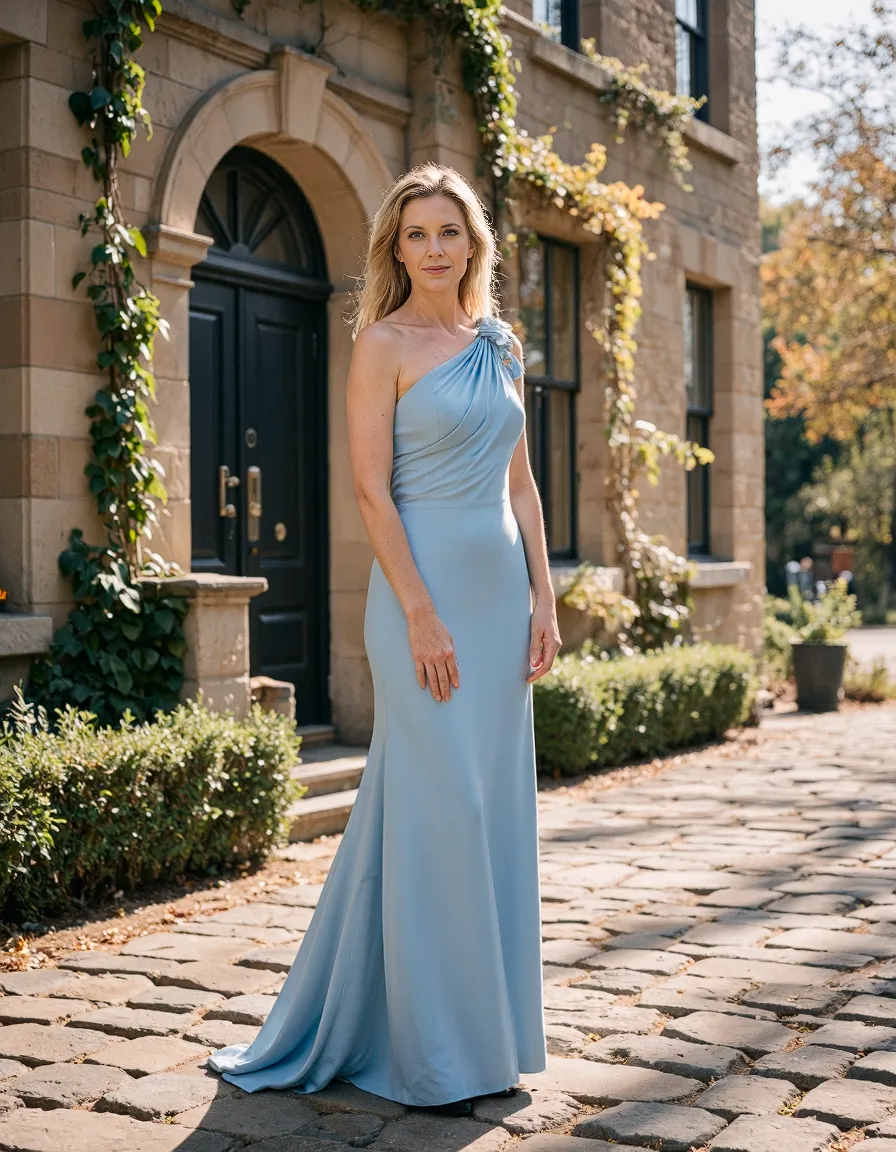 Elegant powder blue one-shoulder gown on cobblestone path with ivy-covered brownstone building in warm autumn light