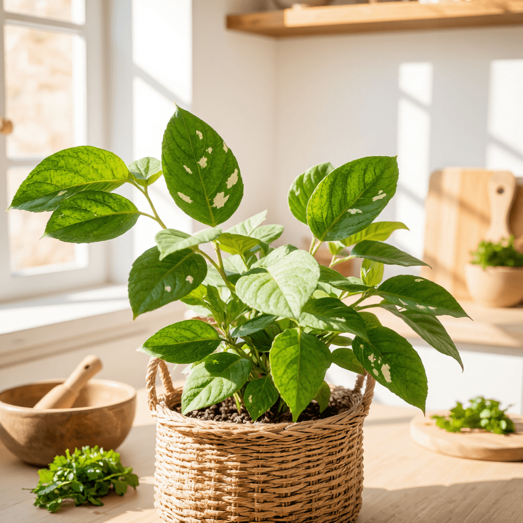 product photography of potted plant in a woven basket