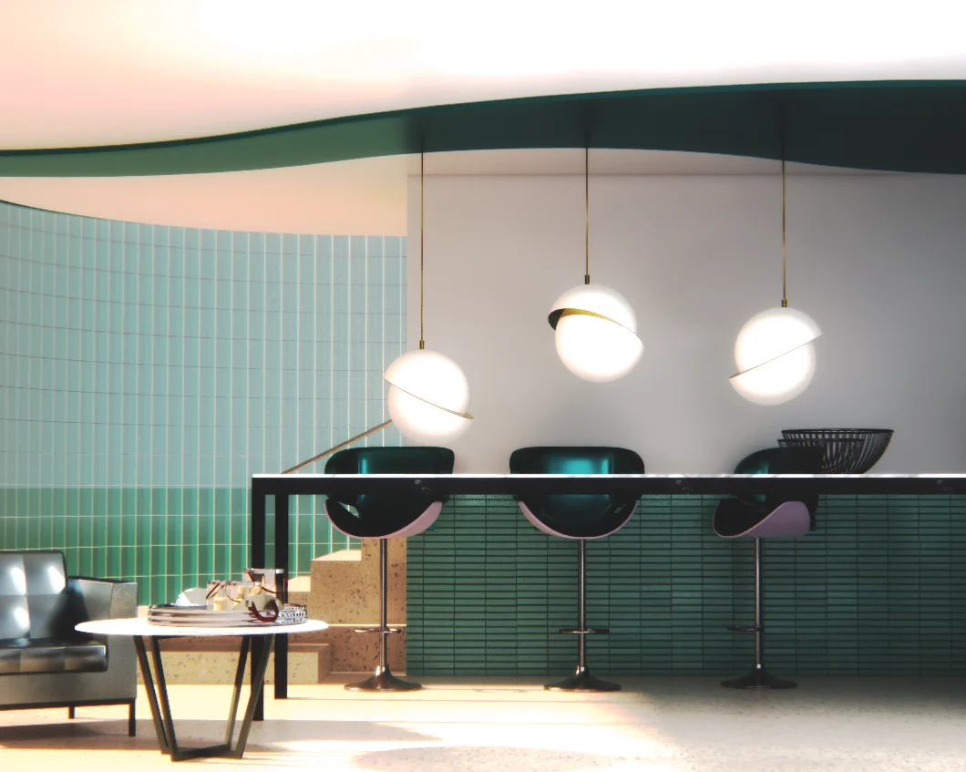 A bar with green wall and chairs, creating a vibrant and inviting atmosphere for patrons to relax and socialize.