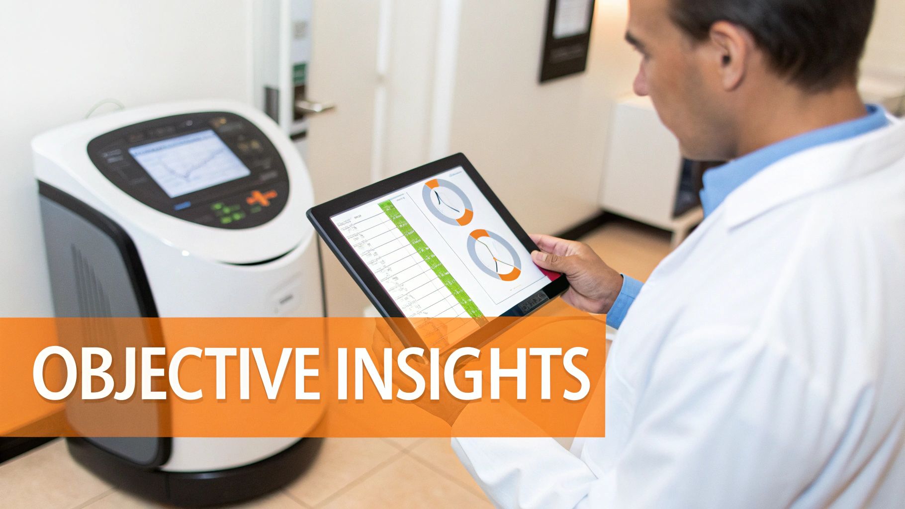 A healthcare professional reviews objective insights and data on a tablet, with a medical device nearby.