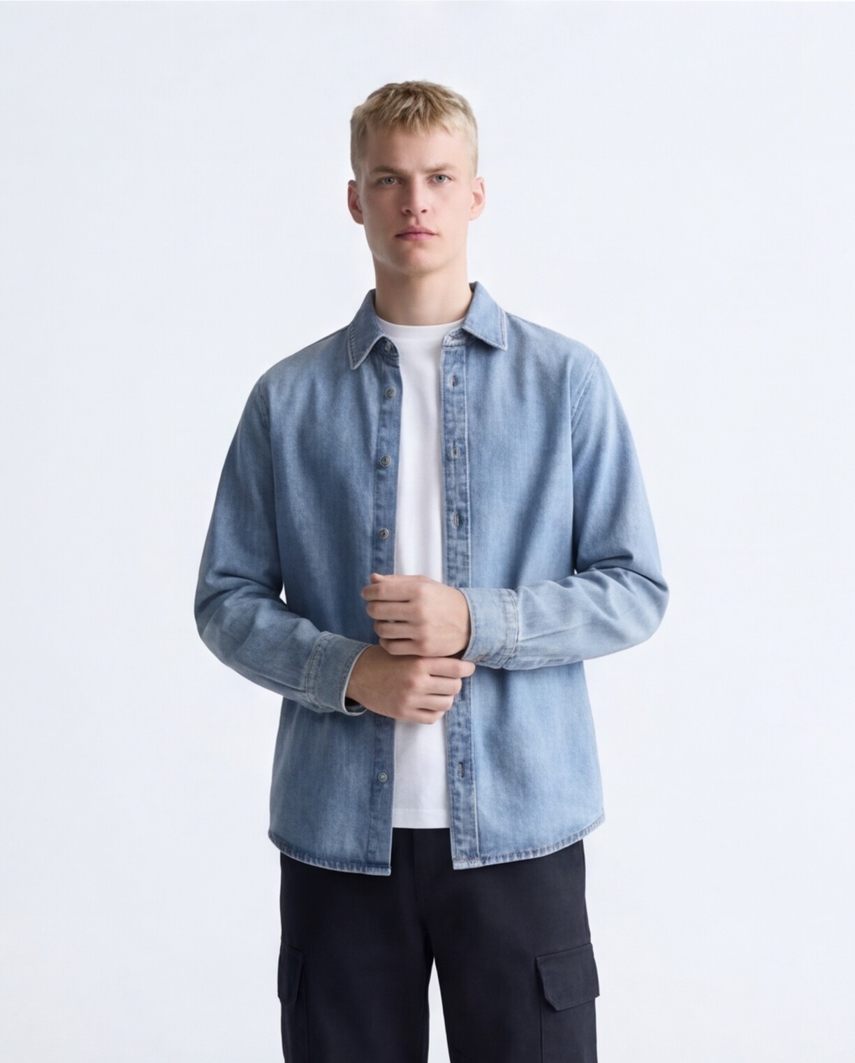 Denim Overshirt with Black Cargo Trousers
