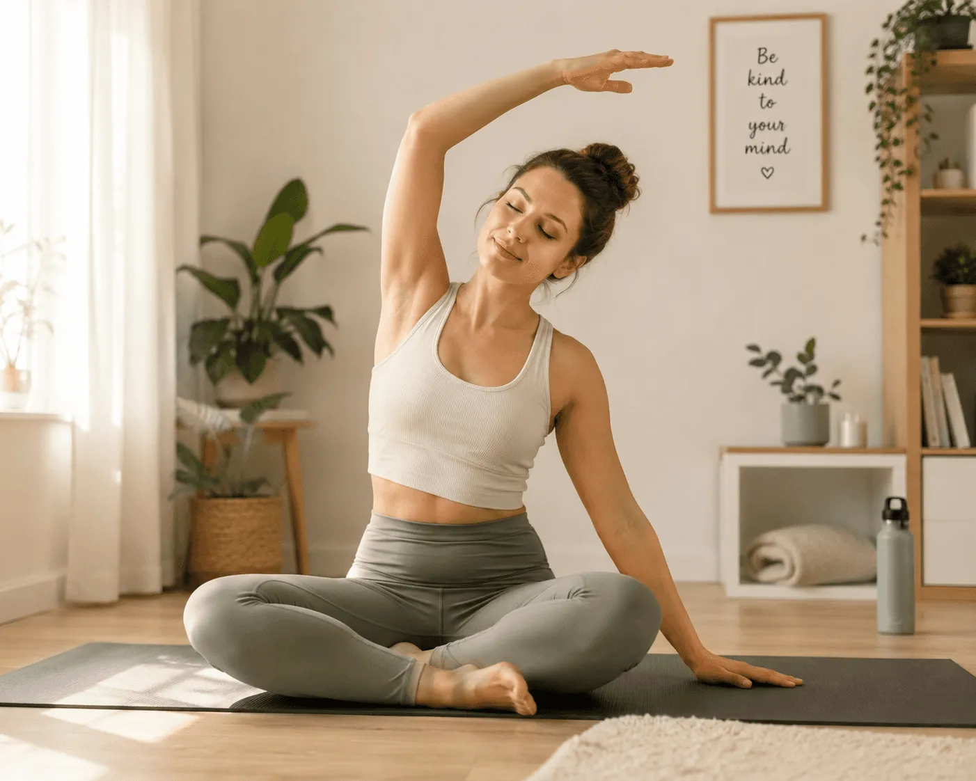Woman performing a beginner-friendly home workout exercise with proper  form, natural home environment, focused expression. Weeks 1-4 phase  showing foundational fitness movements.