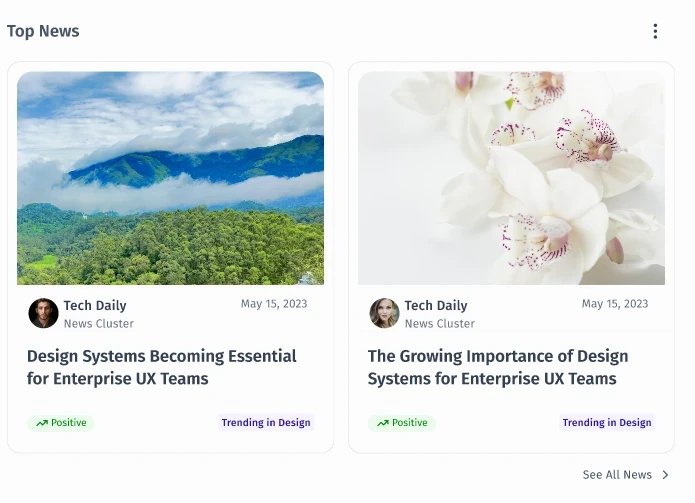 Top News widget showing news cluster cards.