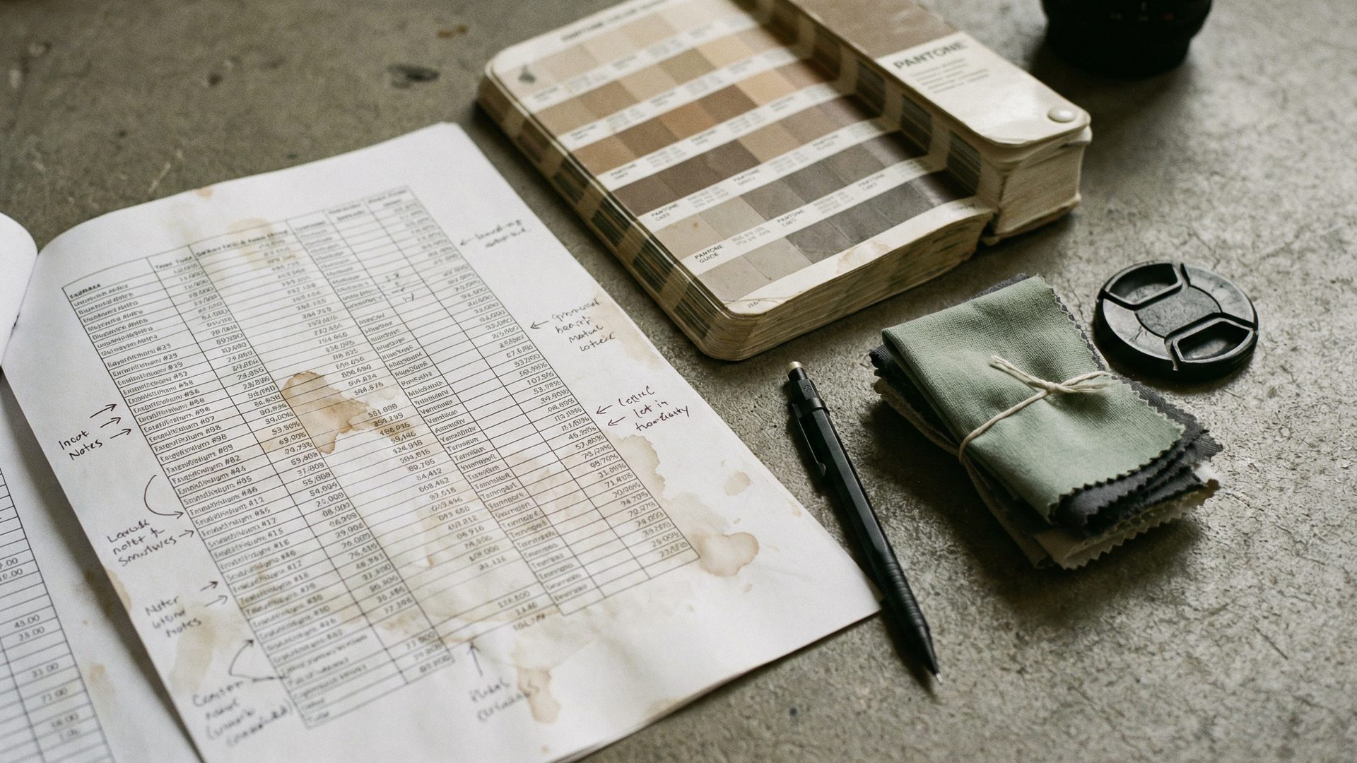 A flat-lay of an open-to-buy planning spreadsheet, Pantone swatches, and fabric samples on a concrete surface.