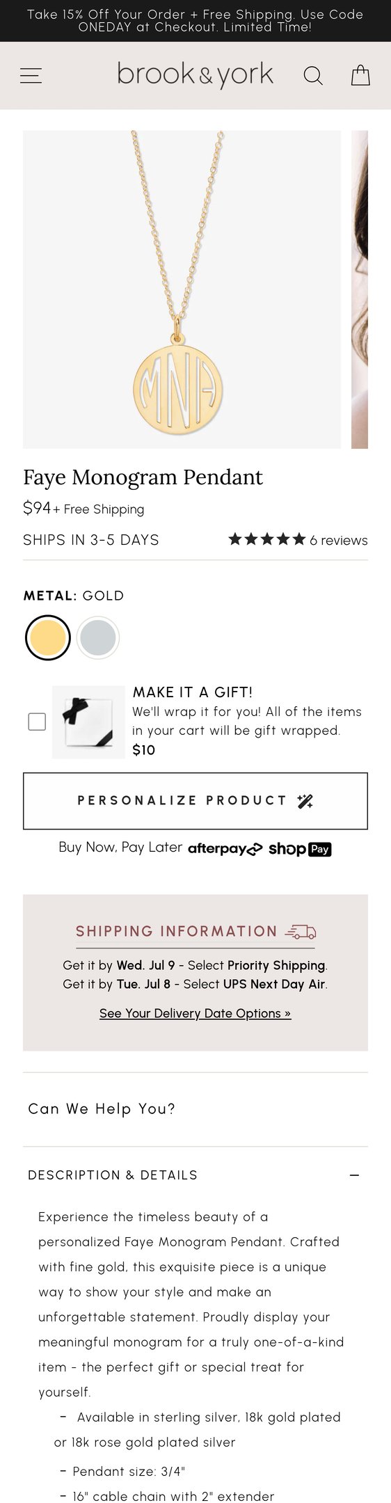 Jewelry product options include: necklace, pendant for Faye Monogram Pendant from Brook & York.