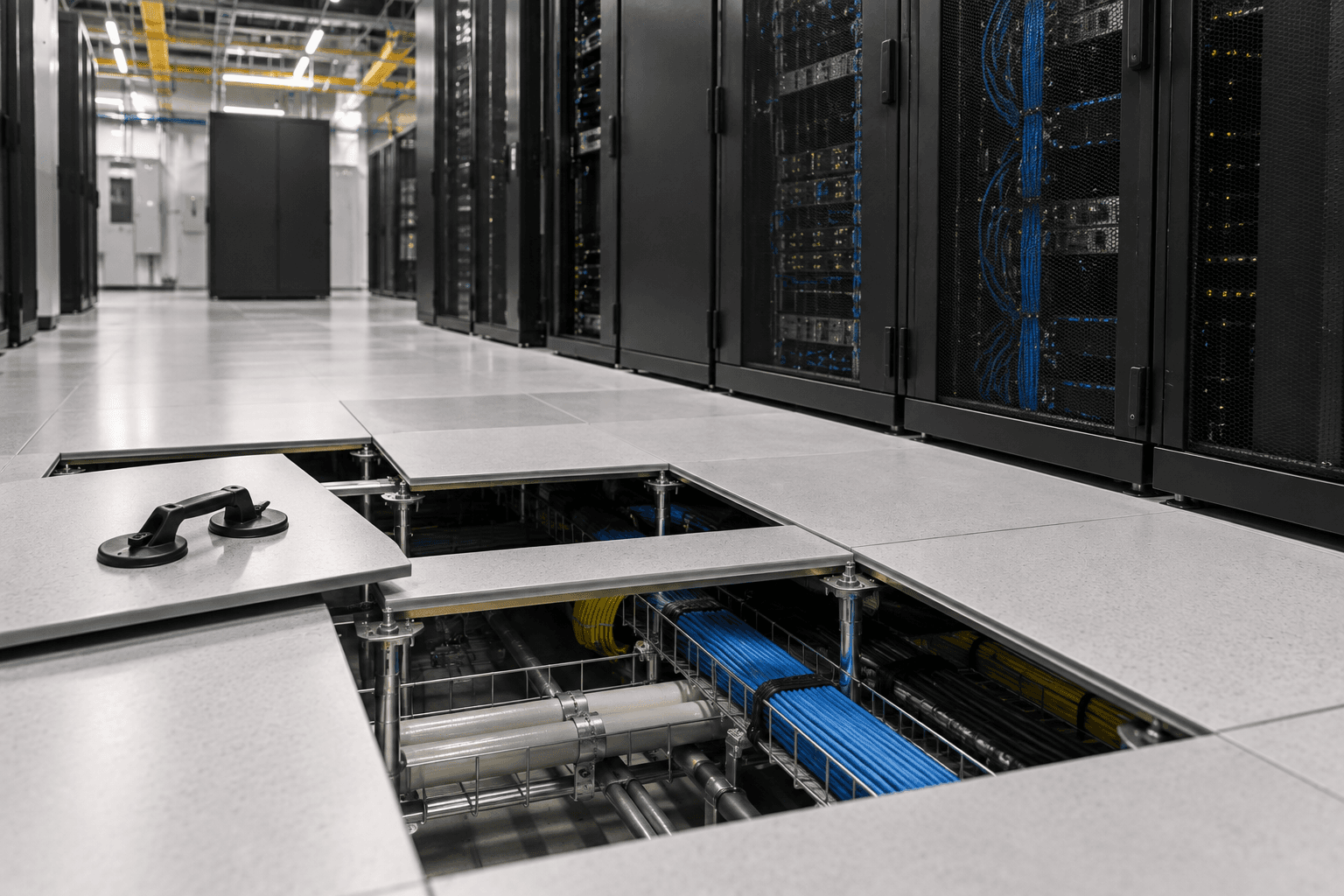data centre aisle with server racks and several raised floor panels removed, revealing organised cables, cable trays, pipes, conduits and floor supports beneath the access floor.