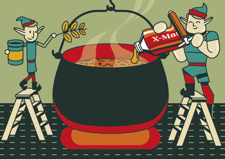 Funny illustration of two Christmas elves preparing a big soup in a large kettle.