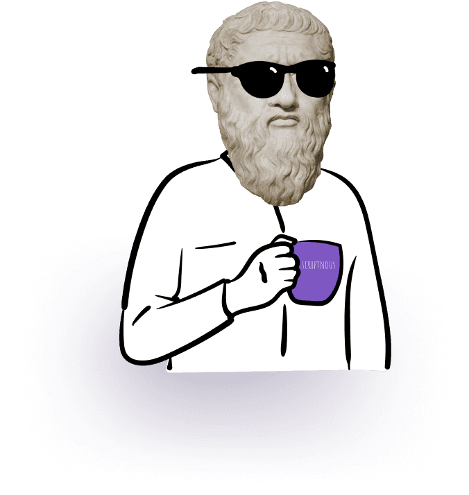 Plato's Bust with a scetched body holding a coffee mug with the Scriptnous logo on it. 