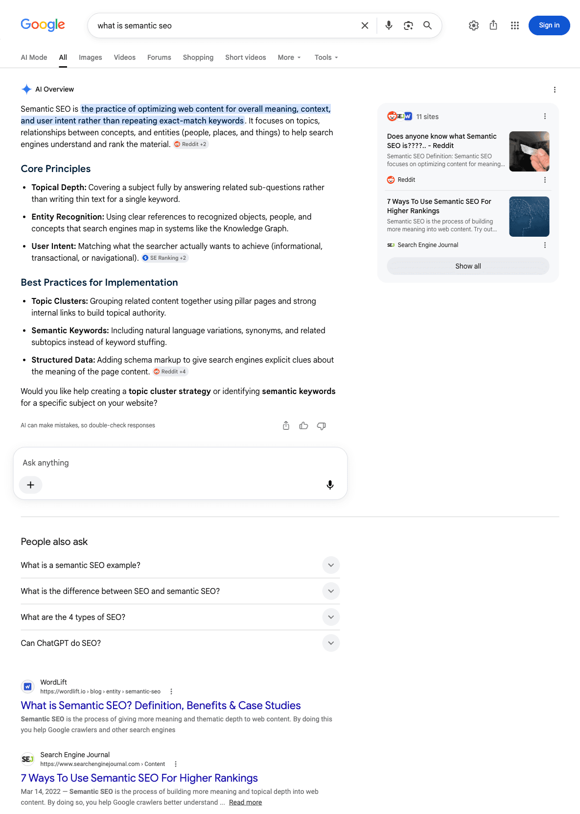 Google SERP snapshot for the "What is semantic SEO" query, featuring an AI Overview response