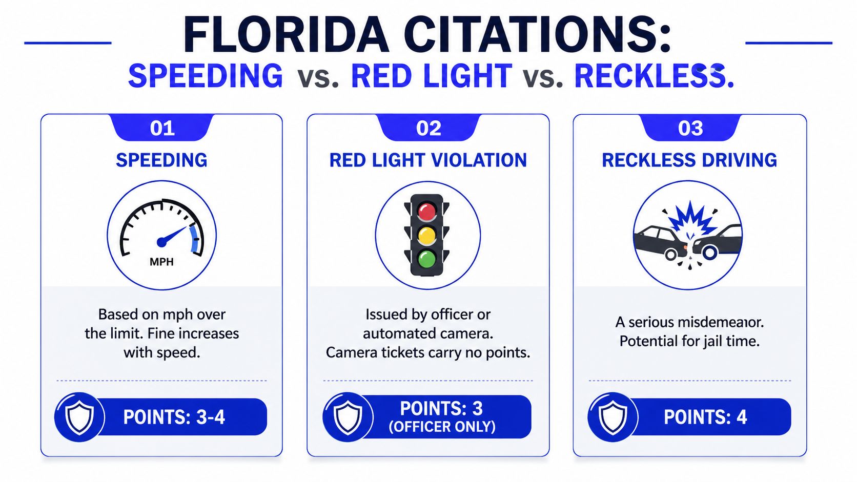 An informative infographic comparing Florida speeding, red light, and reckless driving citations and their associated penalty points.