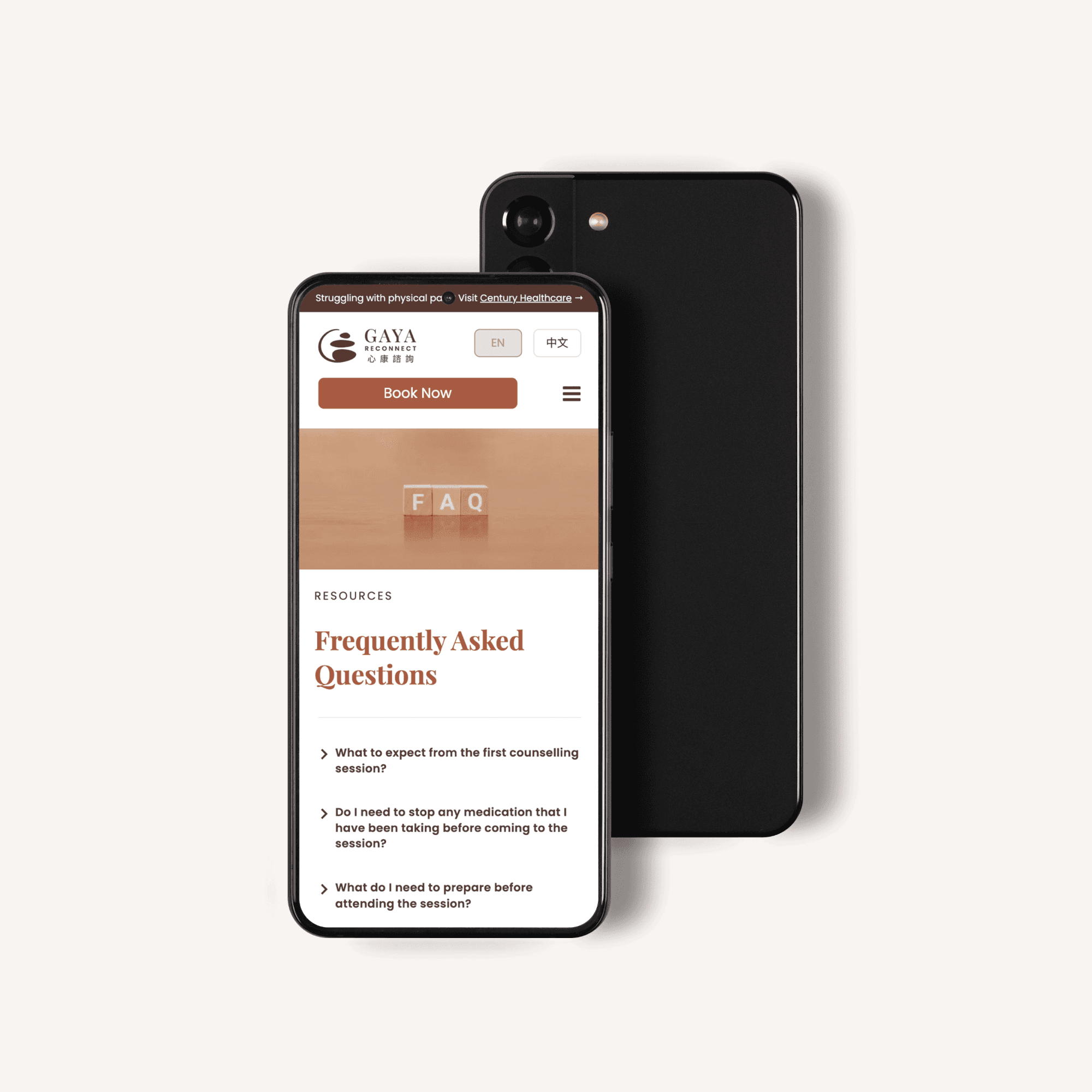 Gaya Reconnect mobile website — English-language Frequently Asked Questions page