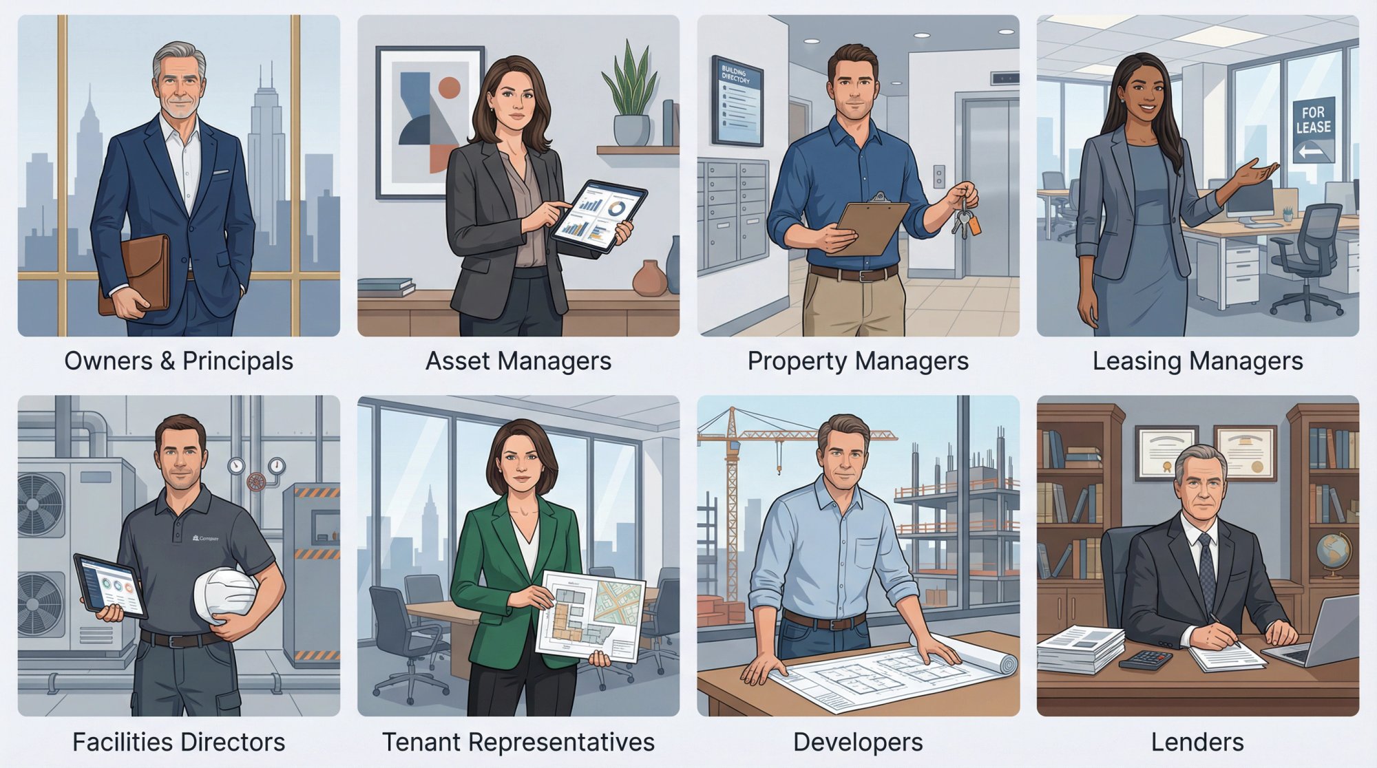 Visual roster of 8 commercial real estate personas who can use cold email templates: owners, asset managers, property managers, leasing managers, facilities directors, tenant reps, developers, and lenders