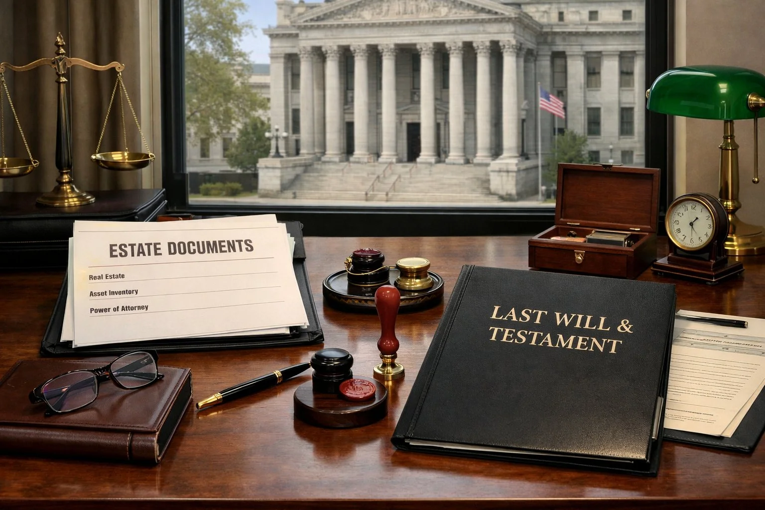 Neat workspace with organized estate documents and a will folder, official stamps on the desk, and a courthouse visible through the window, suggesting a formal legal process.