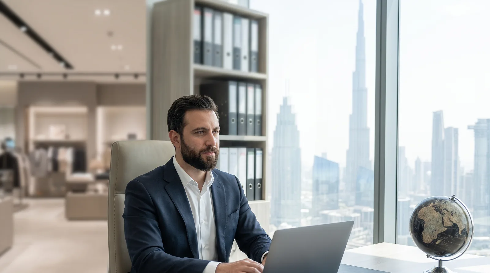 South African founder planning a company move to Dubai at a modern office with the skyline behind