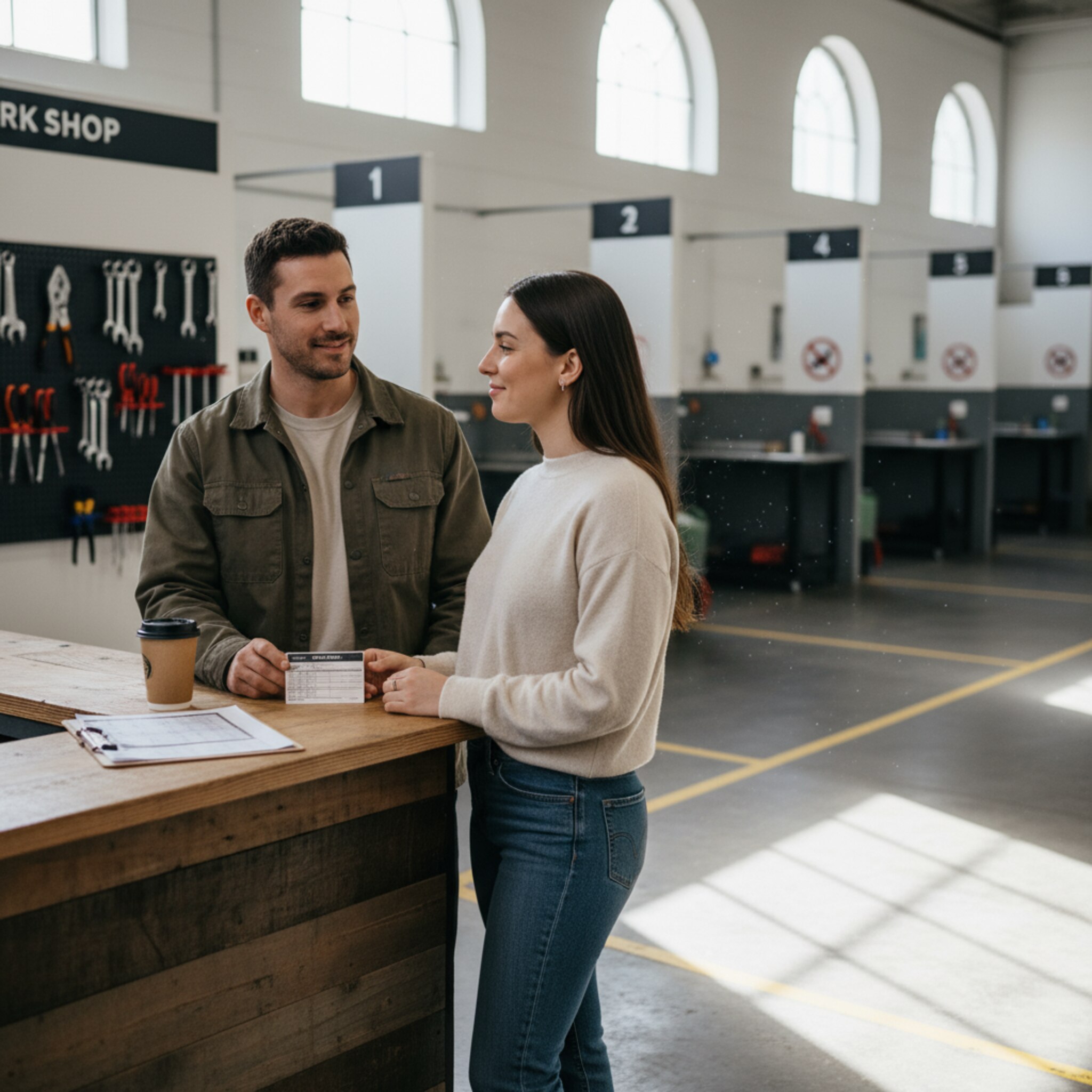 Ein Mitarbeiter reicht einer Stammkundin eine schlichte, laminierte Werkstattkarte, beide nicken zufrieden. Dahinter sind nummerierte Plätze und eine aufgeräumte Werkzeugwand zu sehen. Sonnenlicht zeichnet helle Streifen über den Beton, Staub tanzt leise. Ein Kaffeebecher steht neben einem Klemmbrett, das eine Liste mit Kontingenten vermuten lässt.