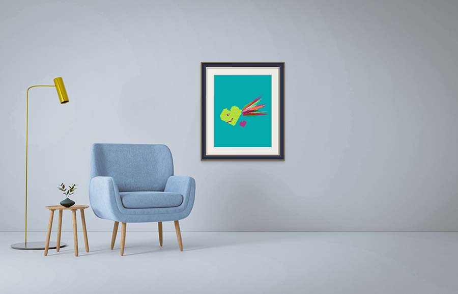 Image of a clean room, chair and painting of an 8bit heart, titled Love Bomber