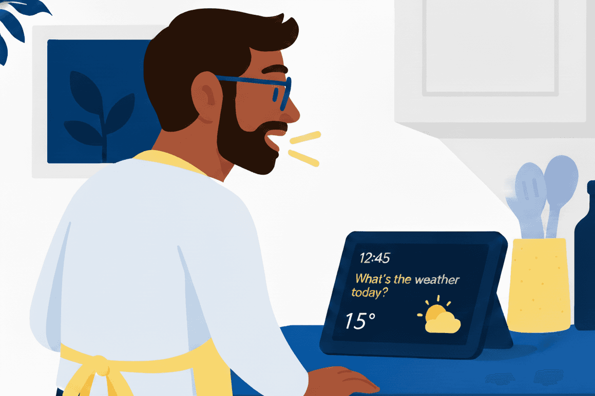 Person stands in the kitchen talking to a device powered by AI