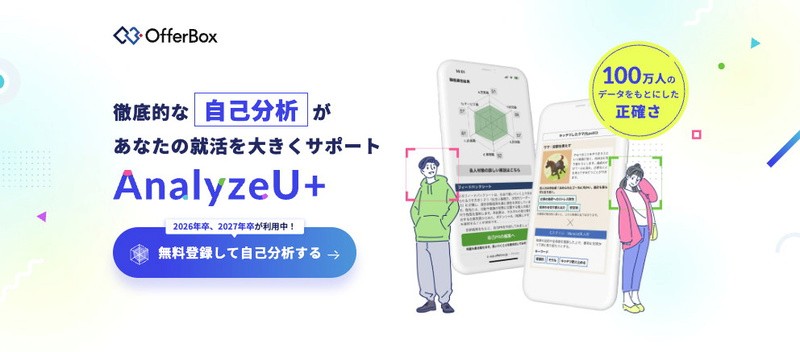 AnalyzeU+のトップページ：OfferBoxが提供する自己分析ツールで、100万人のデータをもとにした正確さが強調されている