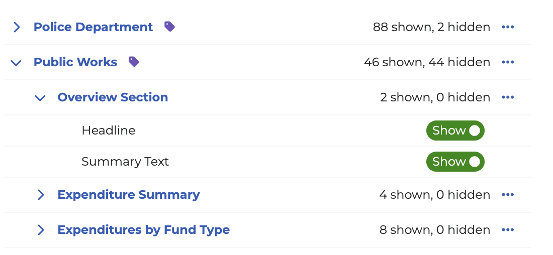Interface controls for advanced settings and controls of financial pages 