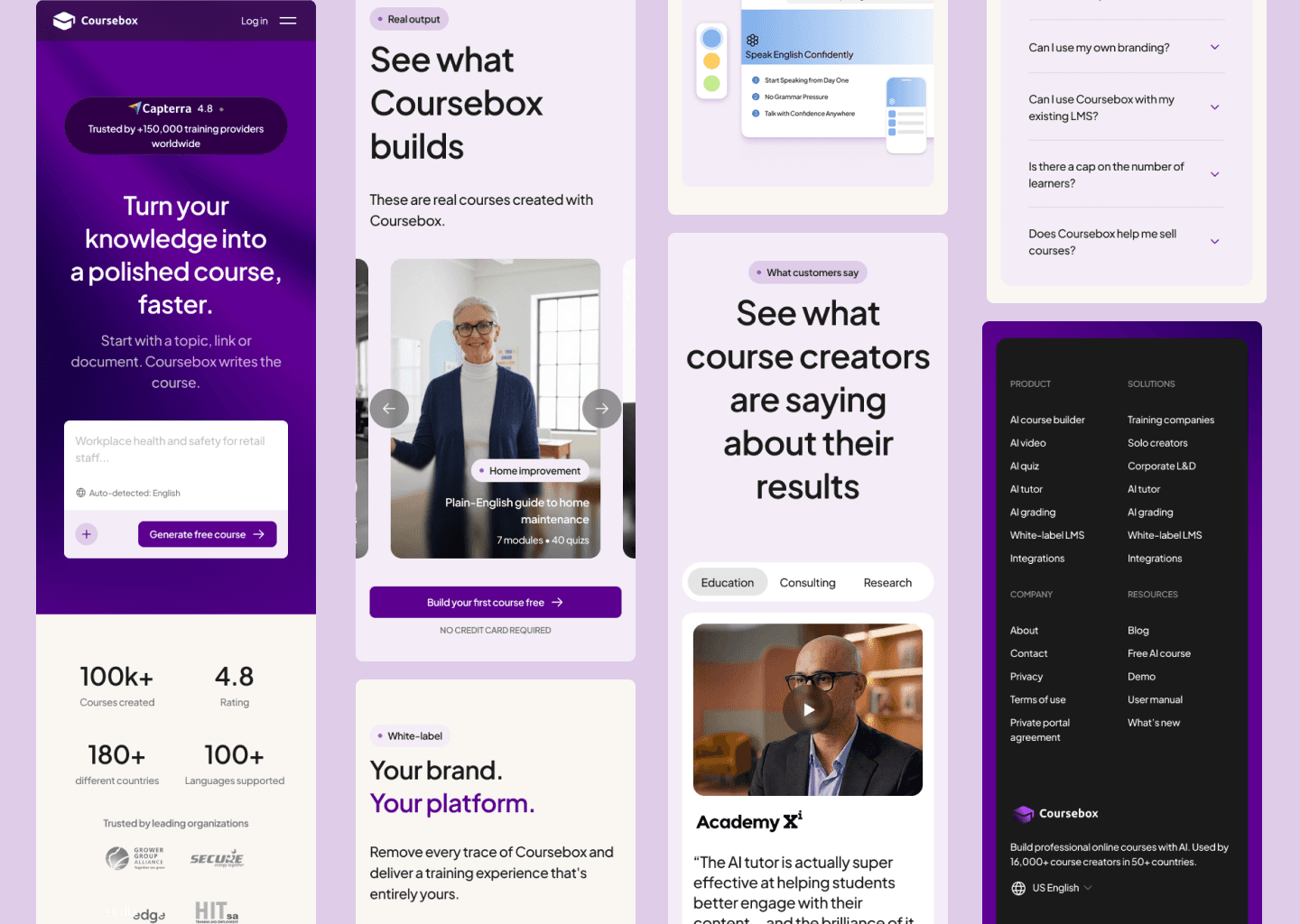 Coursebox AI course platform — homepage redesign final screens