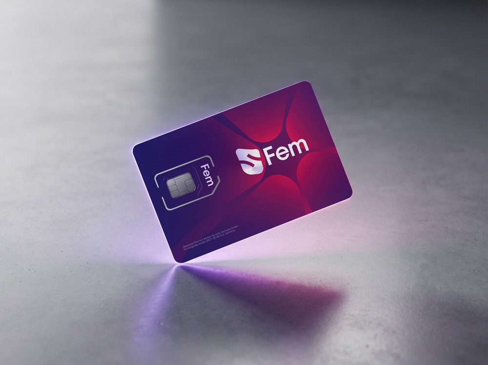 A dark branded sim-card with the FEM Sverige logo reflecting purple and blue light on a metallic surface, used as the project thumbnail for OUF Studio's identity case study.