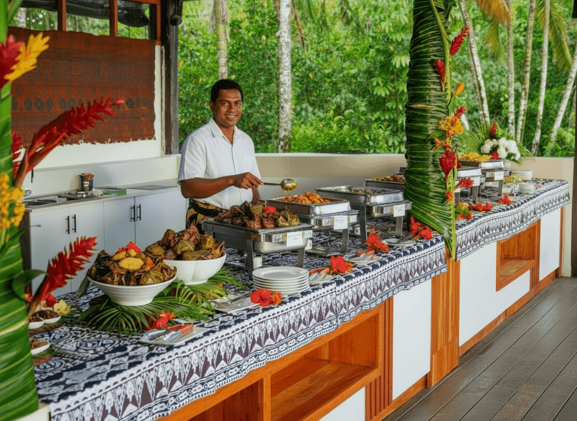 Smiling Uprising Beach Resort male staff serves a tropical buffet with traditional Fijian food. Pacific Harbour, Fiji.
