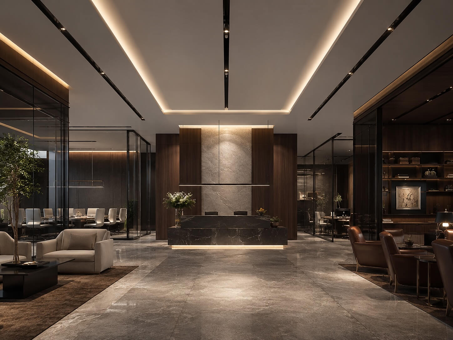Sophisticated bank lobby with dark marble reception desk, glass-enclosed offices, lounge seating, and integrated lighting.