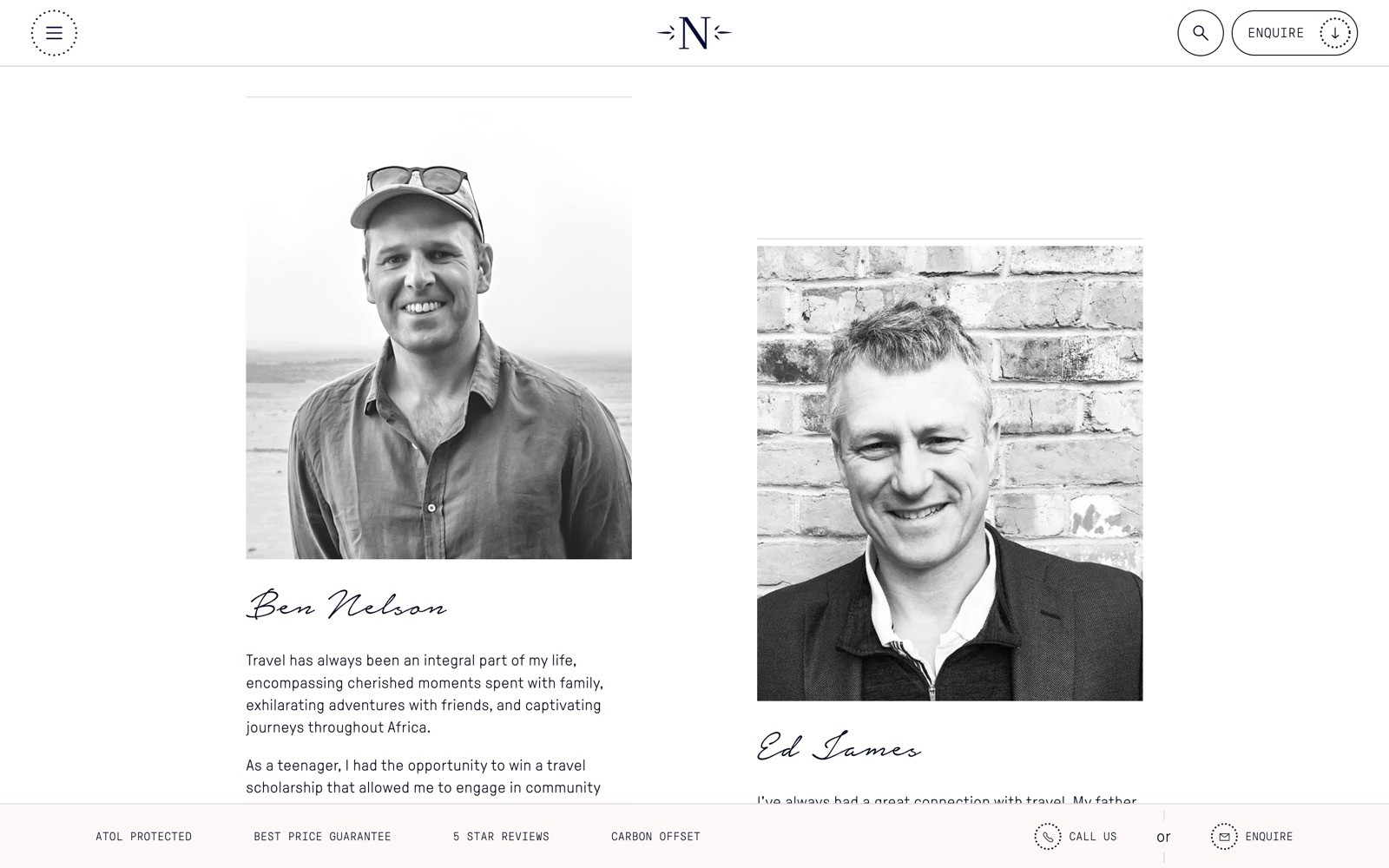 Two black-and-white portraits; left: smiling man in a shirt and cap, "Ben Nelson" text. Right: man in jacket, smiling, "Ed James" text.