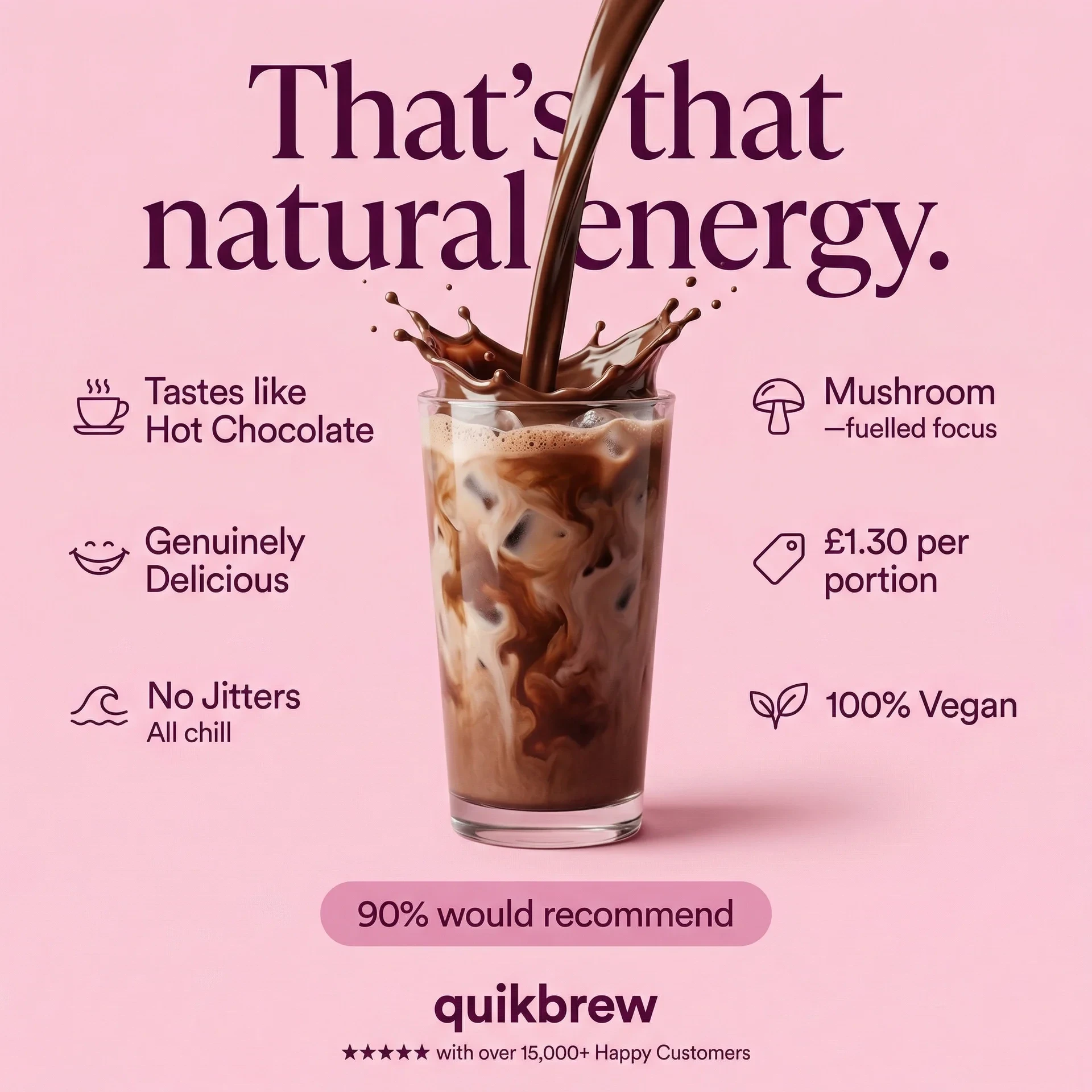 Beverage product ad creative of iced mushroom coffee splash in glass with creamy swirl, pastel background, and commercial lighting for DTC drink brands