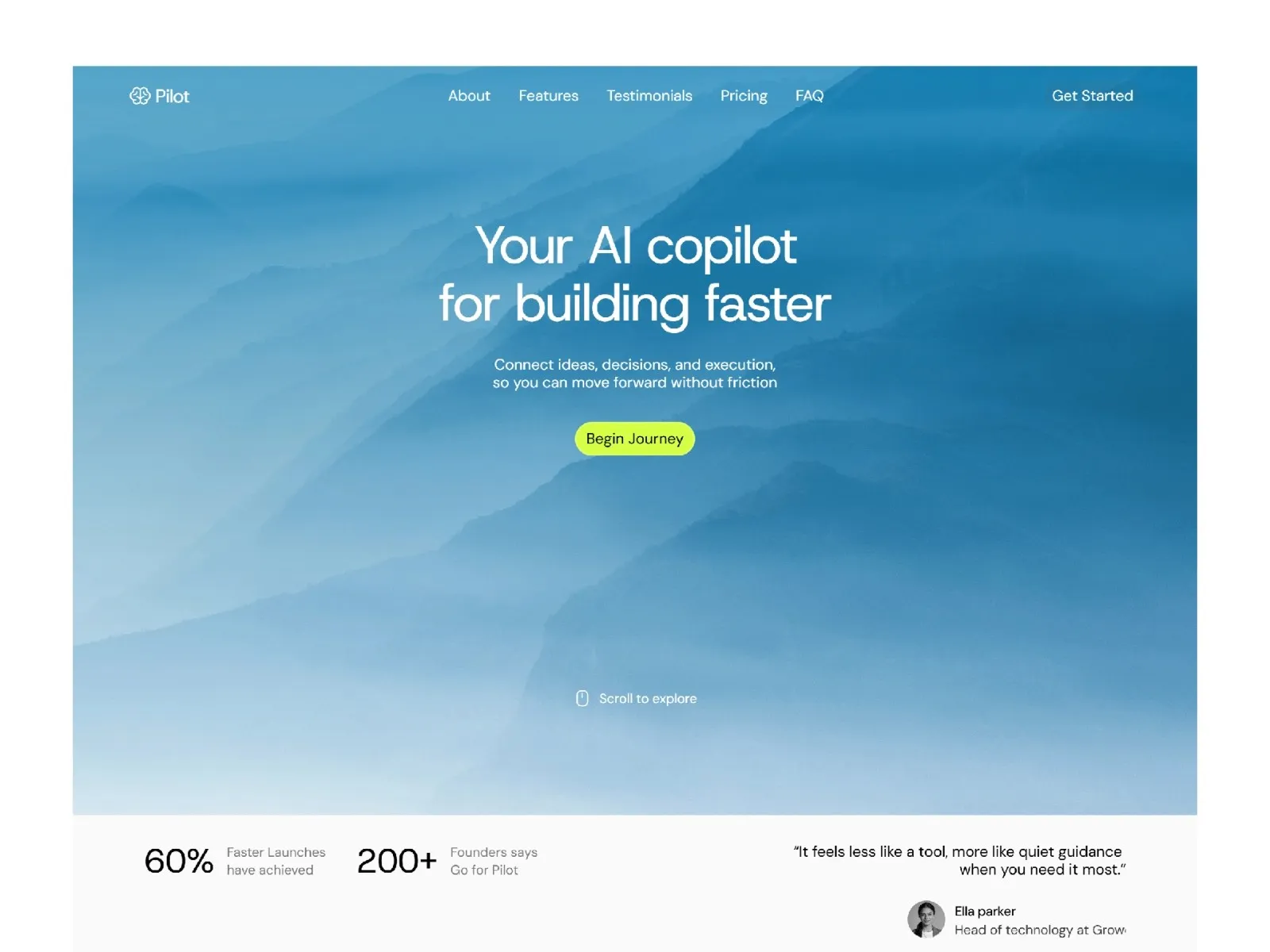 AI copilot homepage with mountain background and "Begin Journey" button.