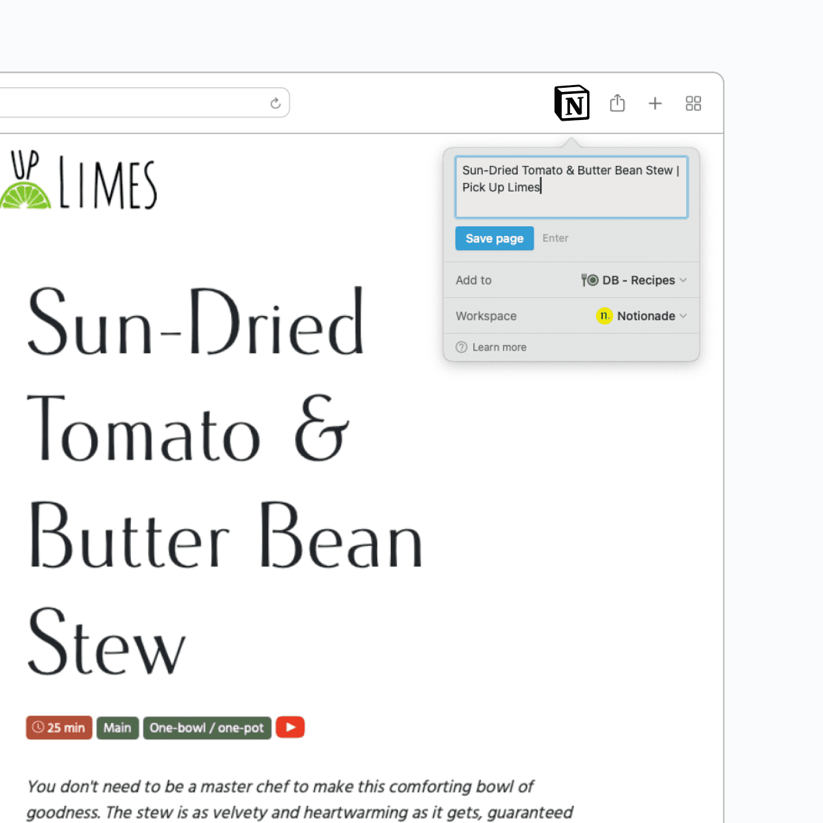 Web page of a receipe with the Notion Web Clipper browser extension showing how to save a recipe