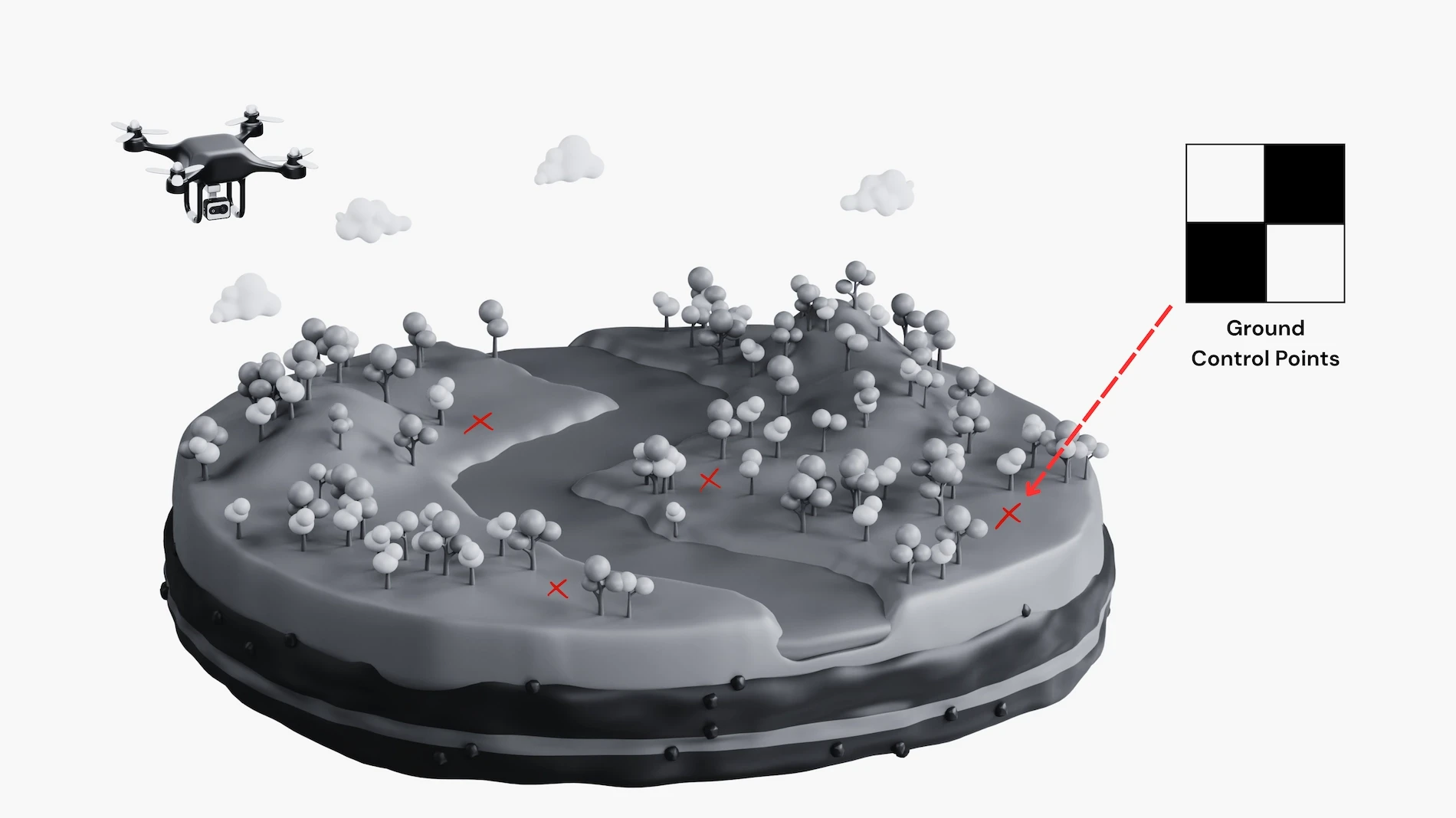 3D illustration of ground control points placed on a terrain model for a high-precision land survey