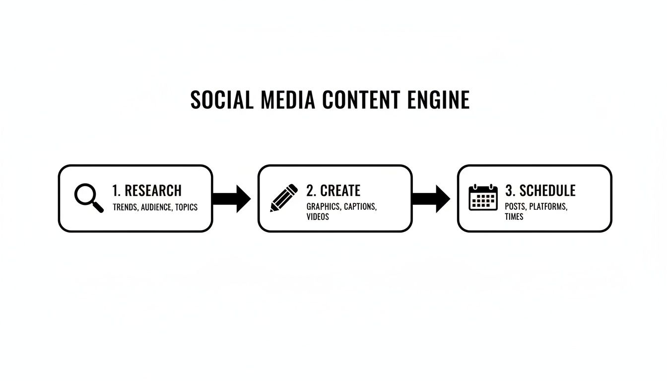 Flowchart illustrating a social media content engine process for research, creation, and scheduling content.