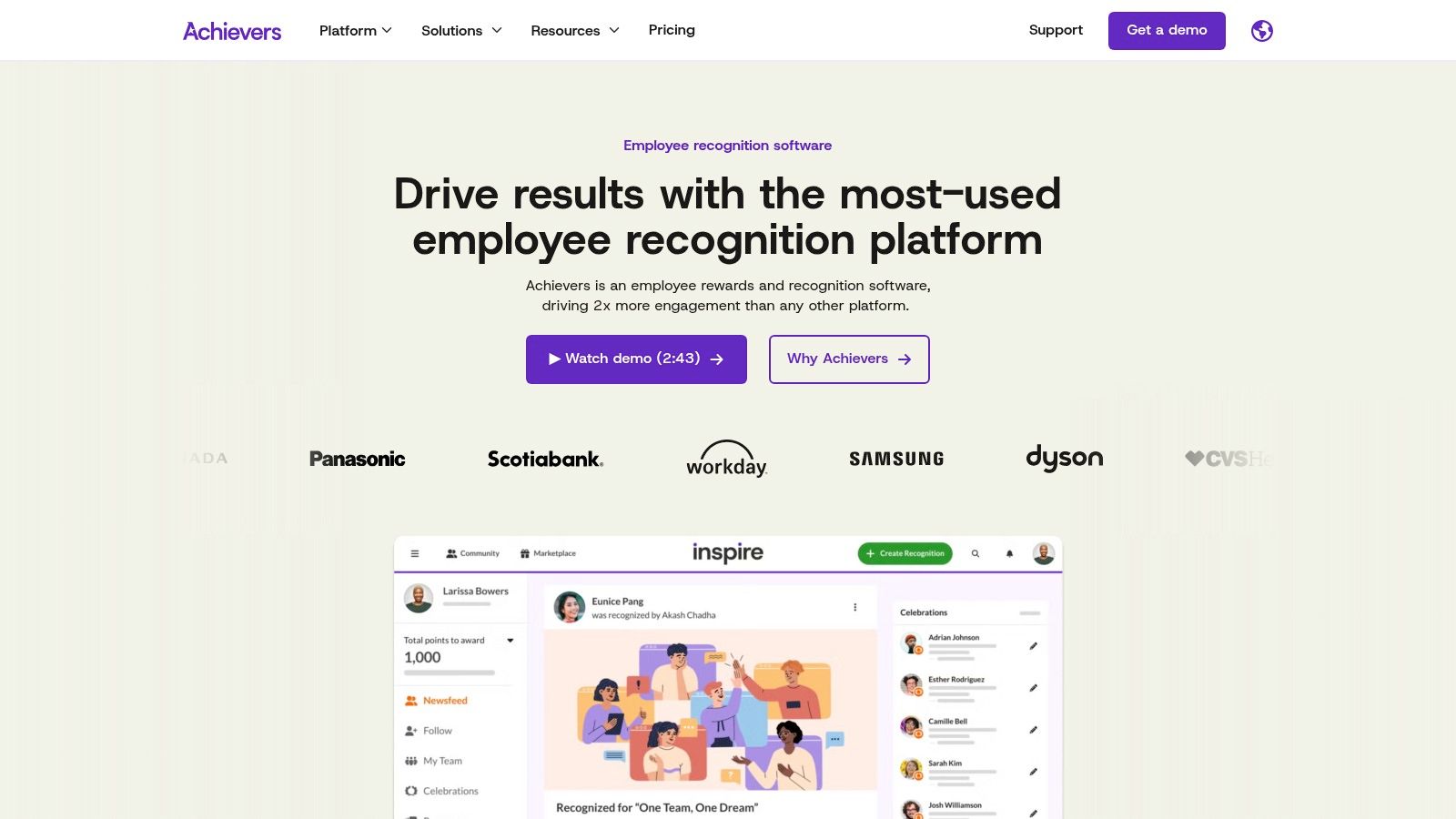 Achievers' platform highlights social recognition and company values.