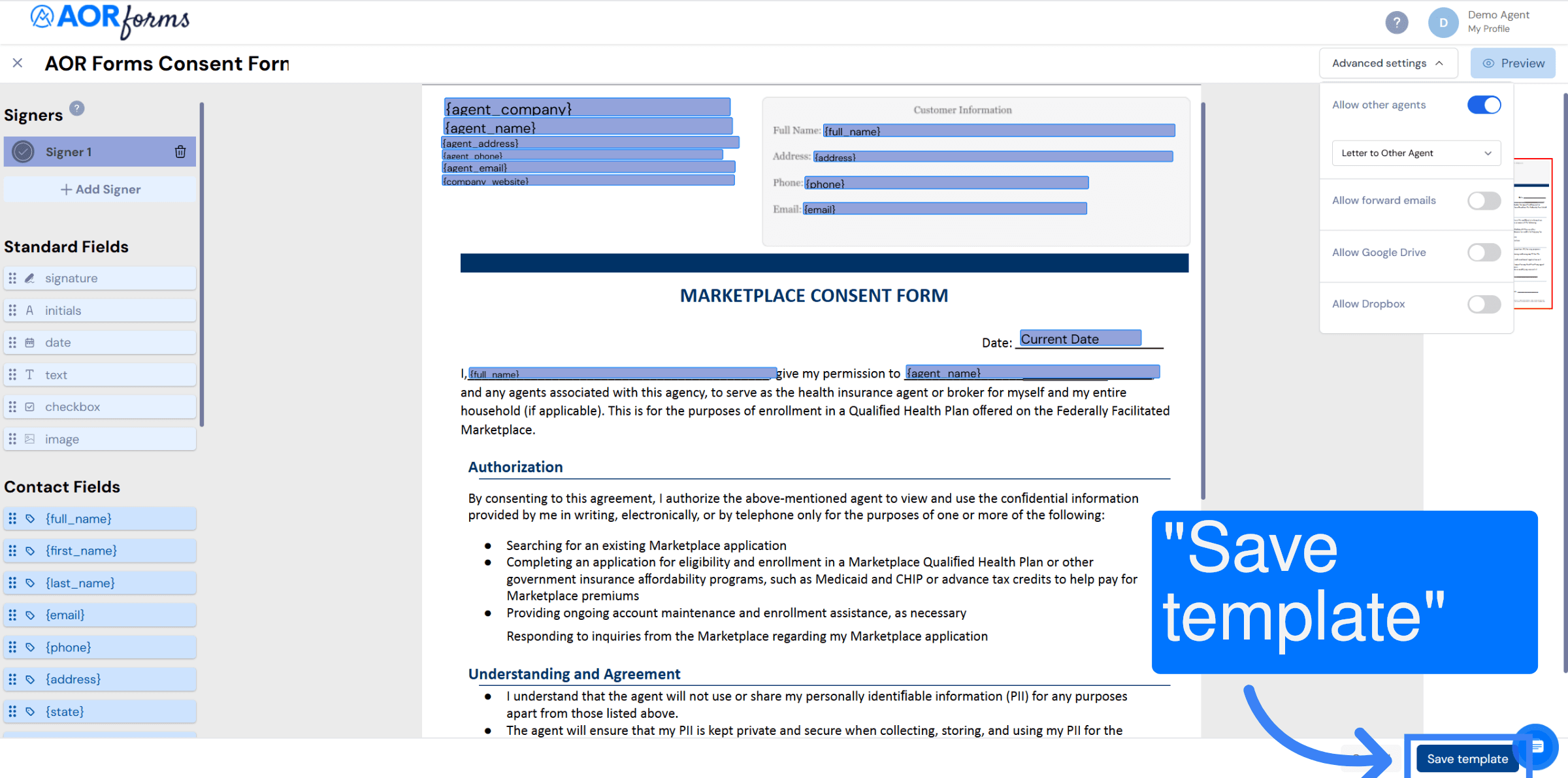 Save Template with Allow Other Agent enabled