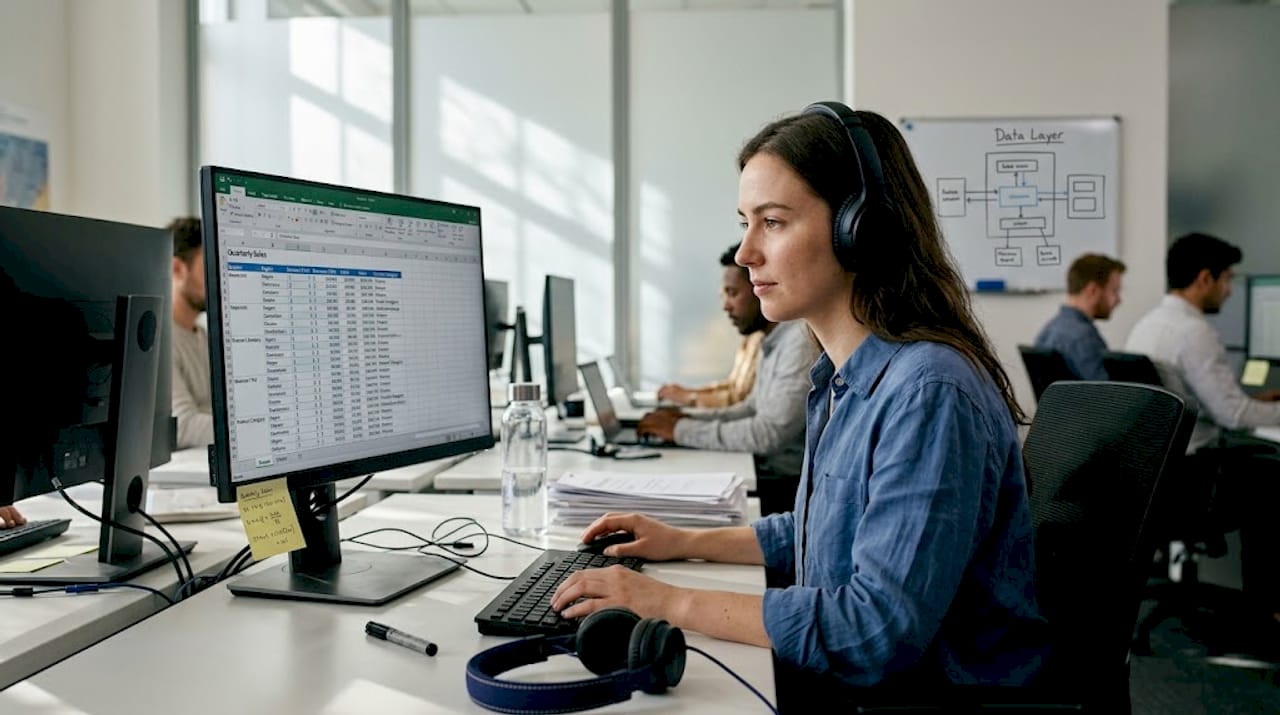 Analyst scrolling through spreadsheet in workspace