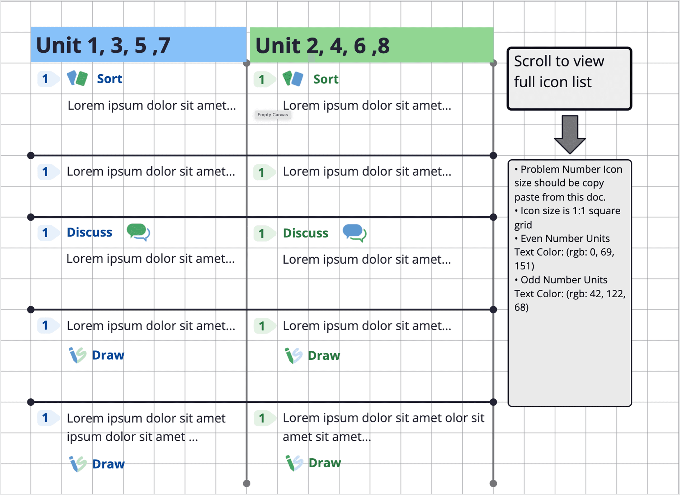 Design library documenting icon sizing and unit color values.