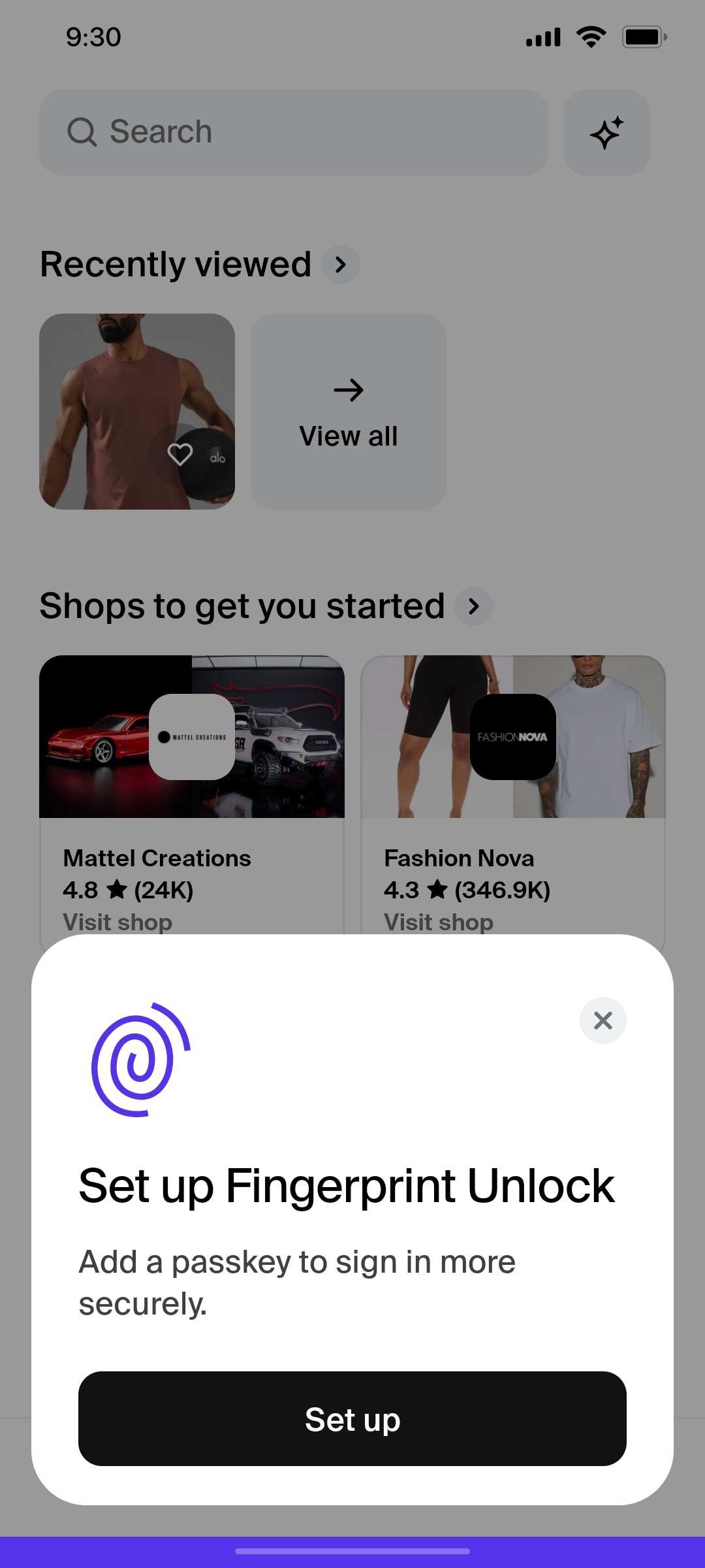 Shop App Set up fingerprint Unlock Screen