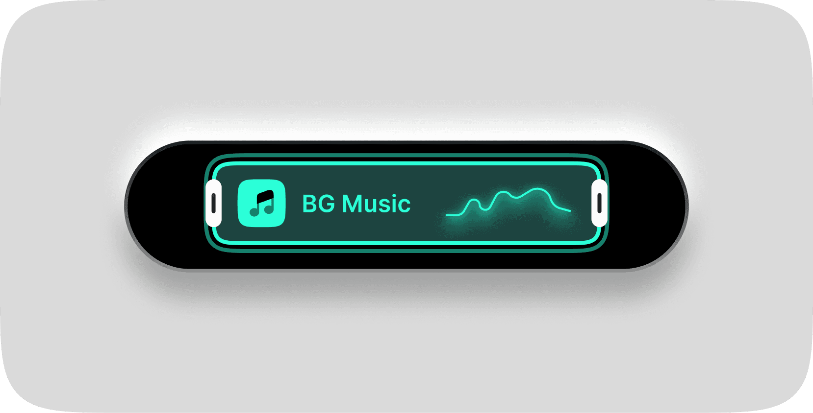 A sleek, futuristic digital interface in a horizontal pill shape displays a music icon, the text "BG Music," and a soundwave graphic on a dark background, suggesting a media player design.