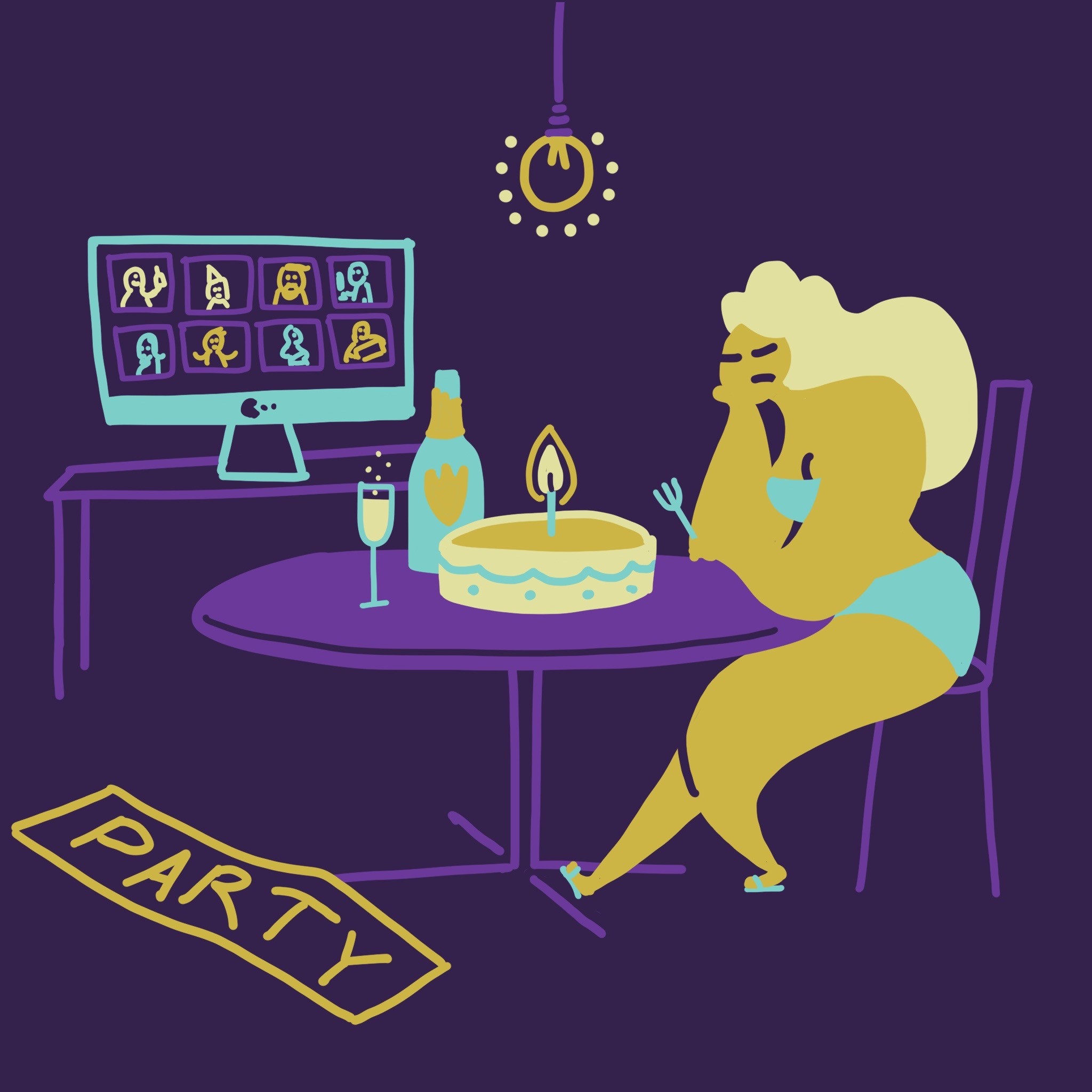 Funny illustration that shows a woman alone at her table trying to enjoy her birthday during lockdown alone at homer.
