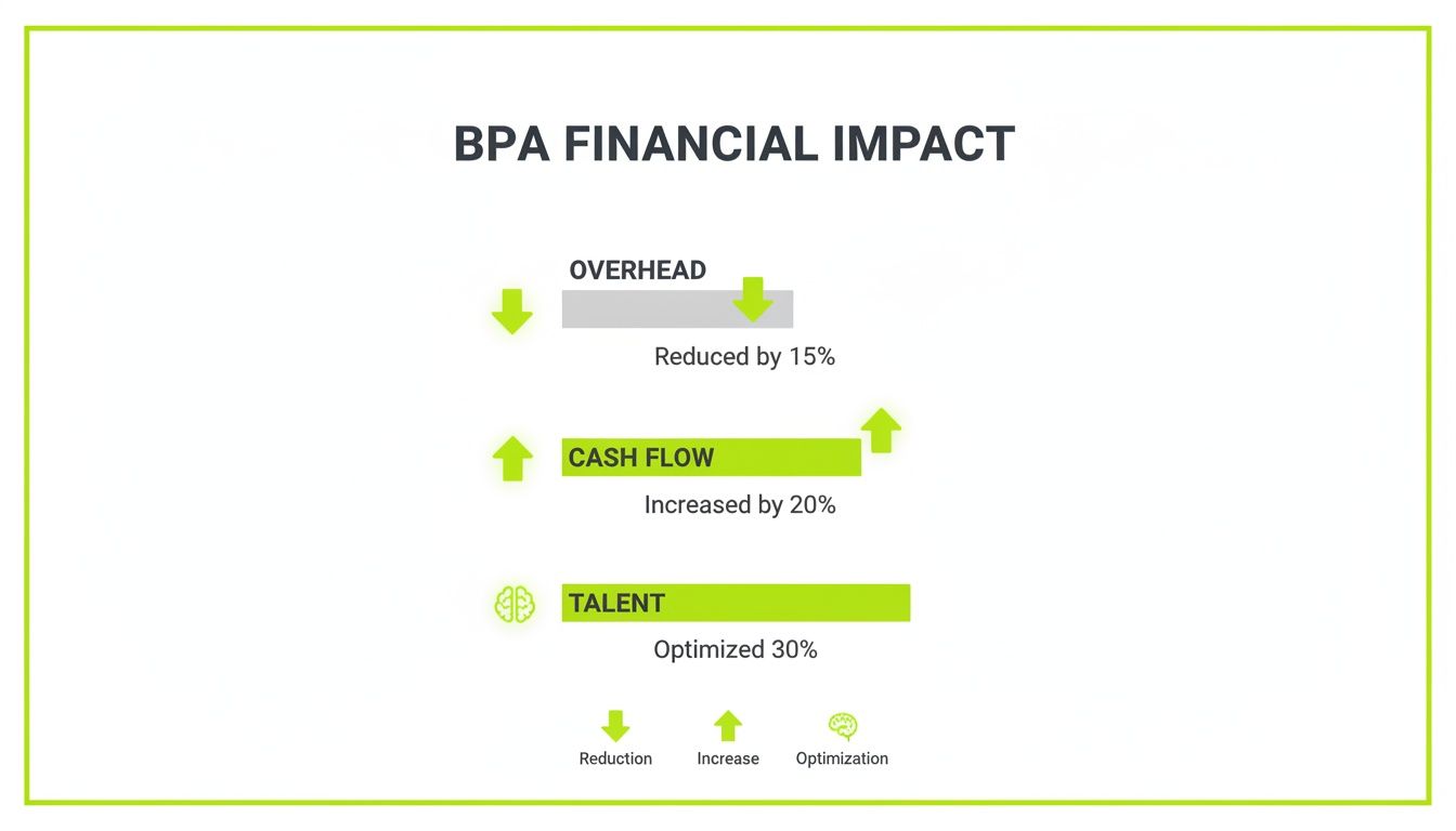 Infographic showing BPA financial impact: 15% overhead reduction, 20% cash flow increase, 30% talent optimization.