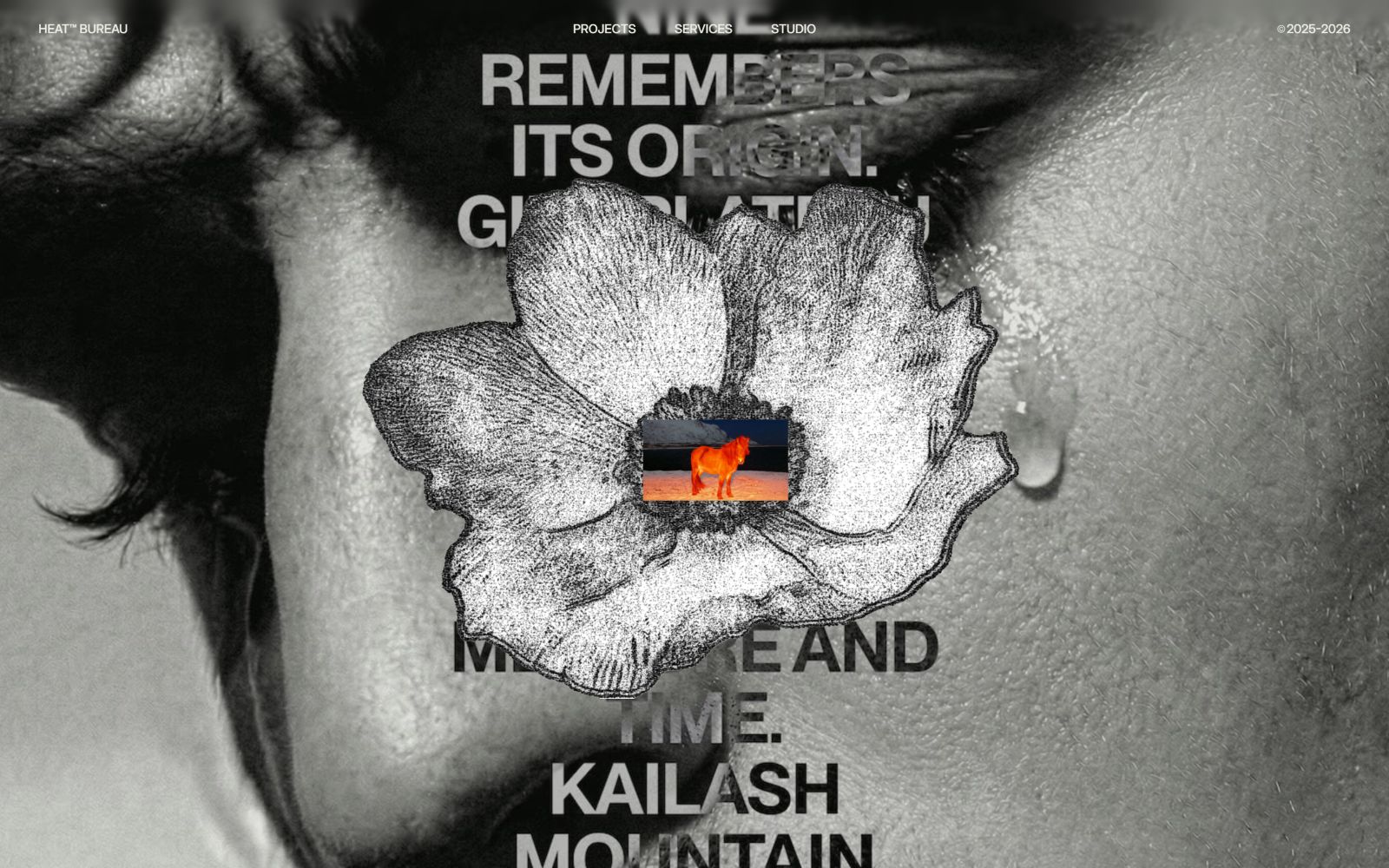 Close-up of a tearful face with graphic flower overlay showing a landscape and animal. Text: "REMEMBERS ITS ORIGIN..." Visible date: "©2009-2023.
