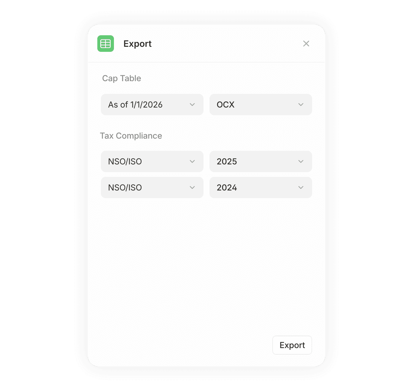 Export dialog box with dropdown options. Cap Table set to "As of 1/1/2026" and "OCX." Tax Compliance with "NSO/ISO" for 2025 and 2024. "Export" button below.