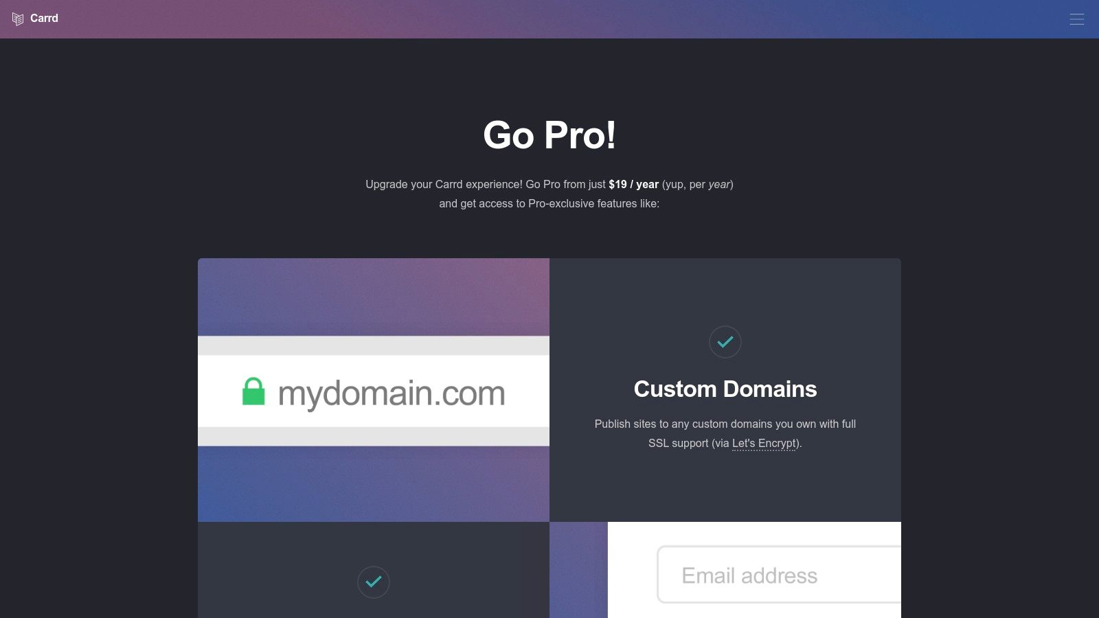 Carrd's Pro features unlock custom domains, forms, and widget embeds, which are ideal for adding review widgets to a landing page.