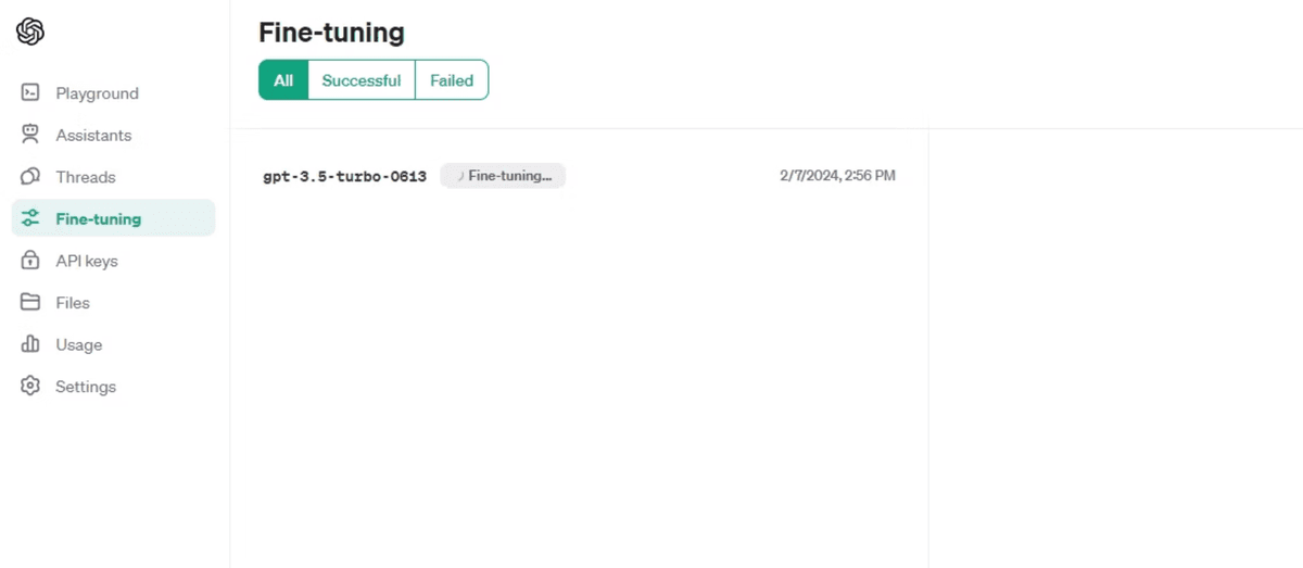 OpenAI fine-tuning interface showing a list of fine-tuning jobs with filtering options for All, Successful, and Failed statuses.